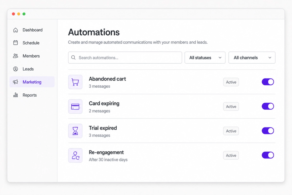 Vibefam Automations screen listing abandoned cart, card expiring, trial expired and re-engagement automations, each active and each running a multi-message sequence
