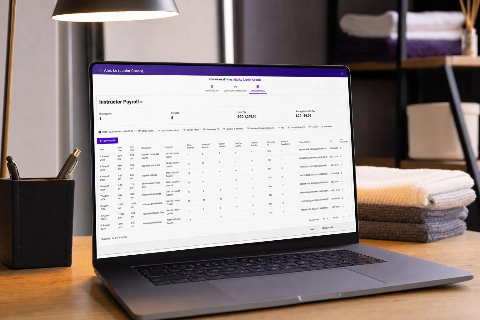 A Vibefam appointment booking deducting a package credit, processing payment, and posting instructor payroll automatically