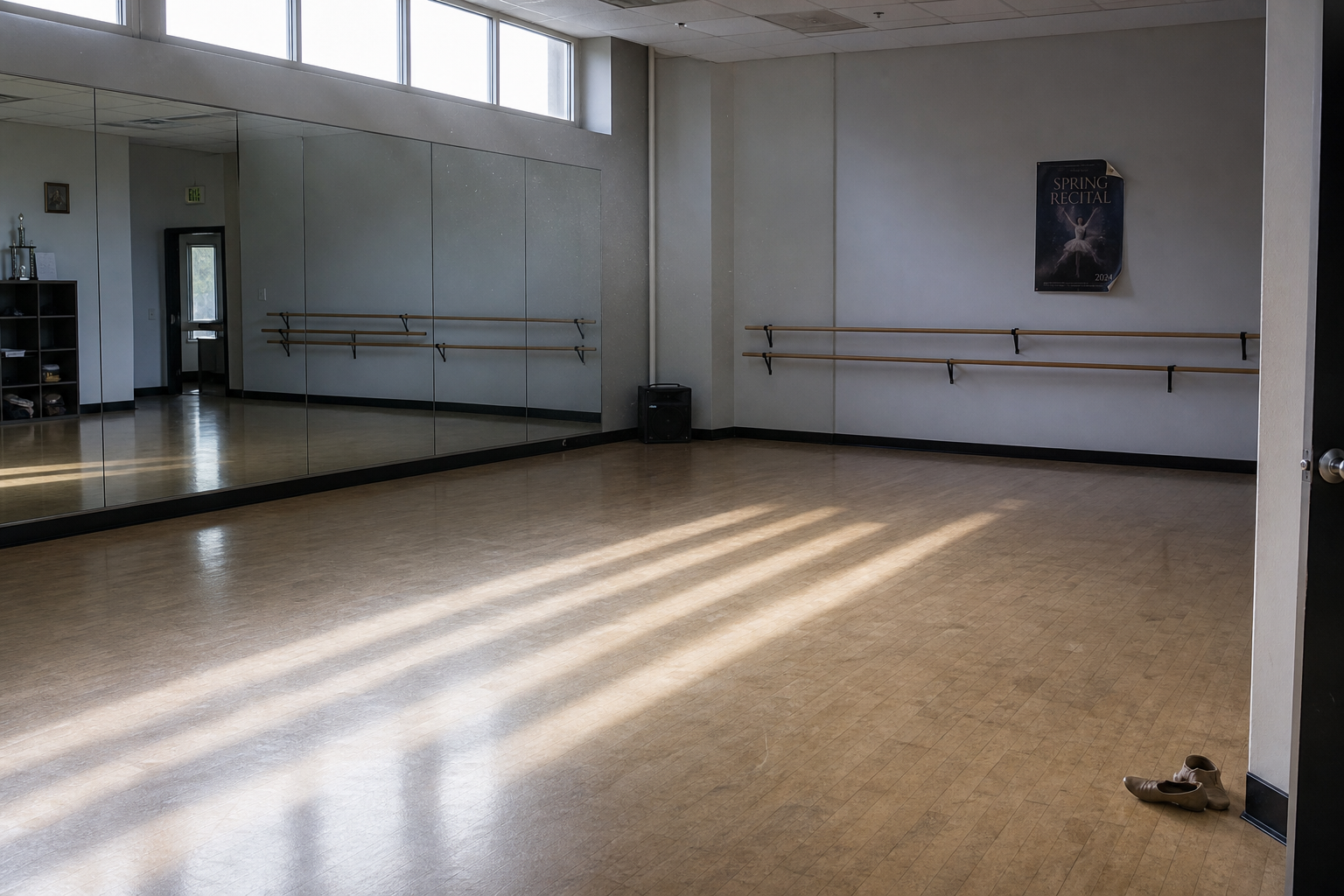 Boutique dance studio with sprung wood floor, mirror wall, and ballet barres in clerestory light