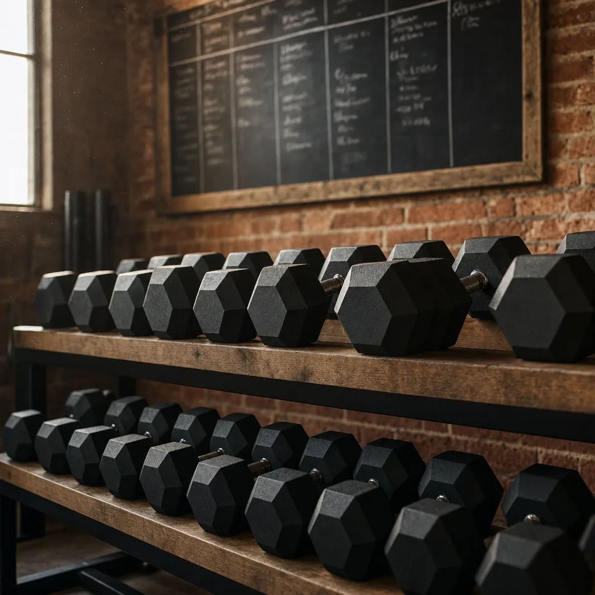 Two-tier dumbbell rack against a warm brick wall with a hand-chalked class schedule board on display, no people