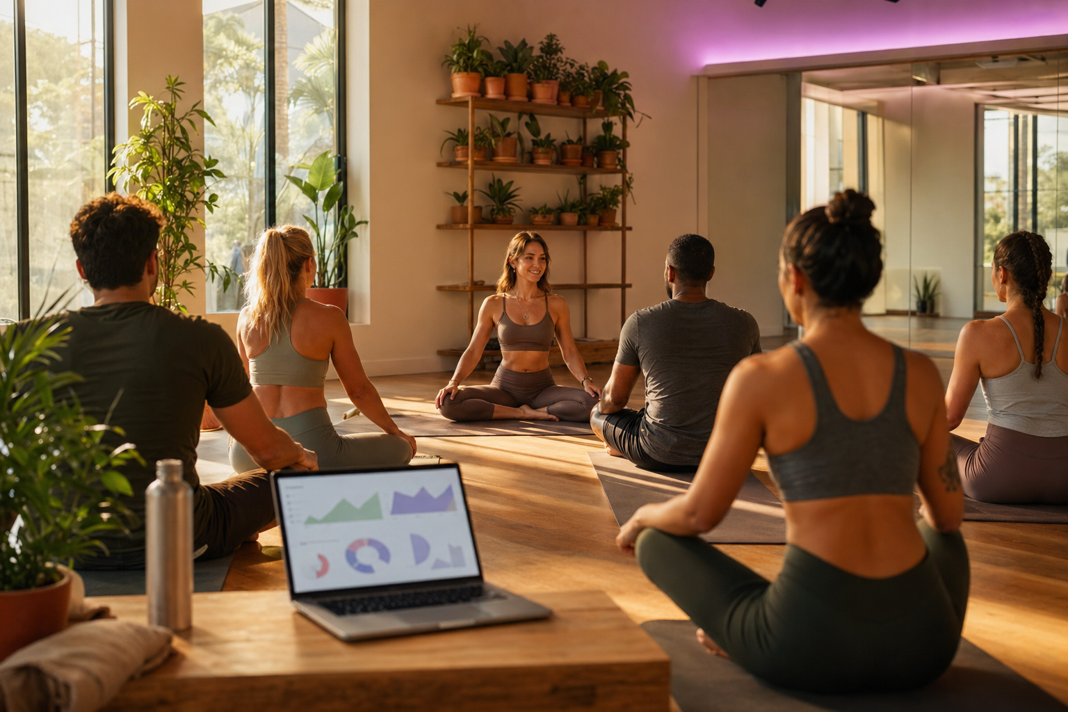 Boutique yoga studio owner reviewing the Vibefam dashboard alongside the Mindbody interface, with the AI Website Builder and marketing automation panels visible.