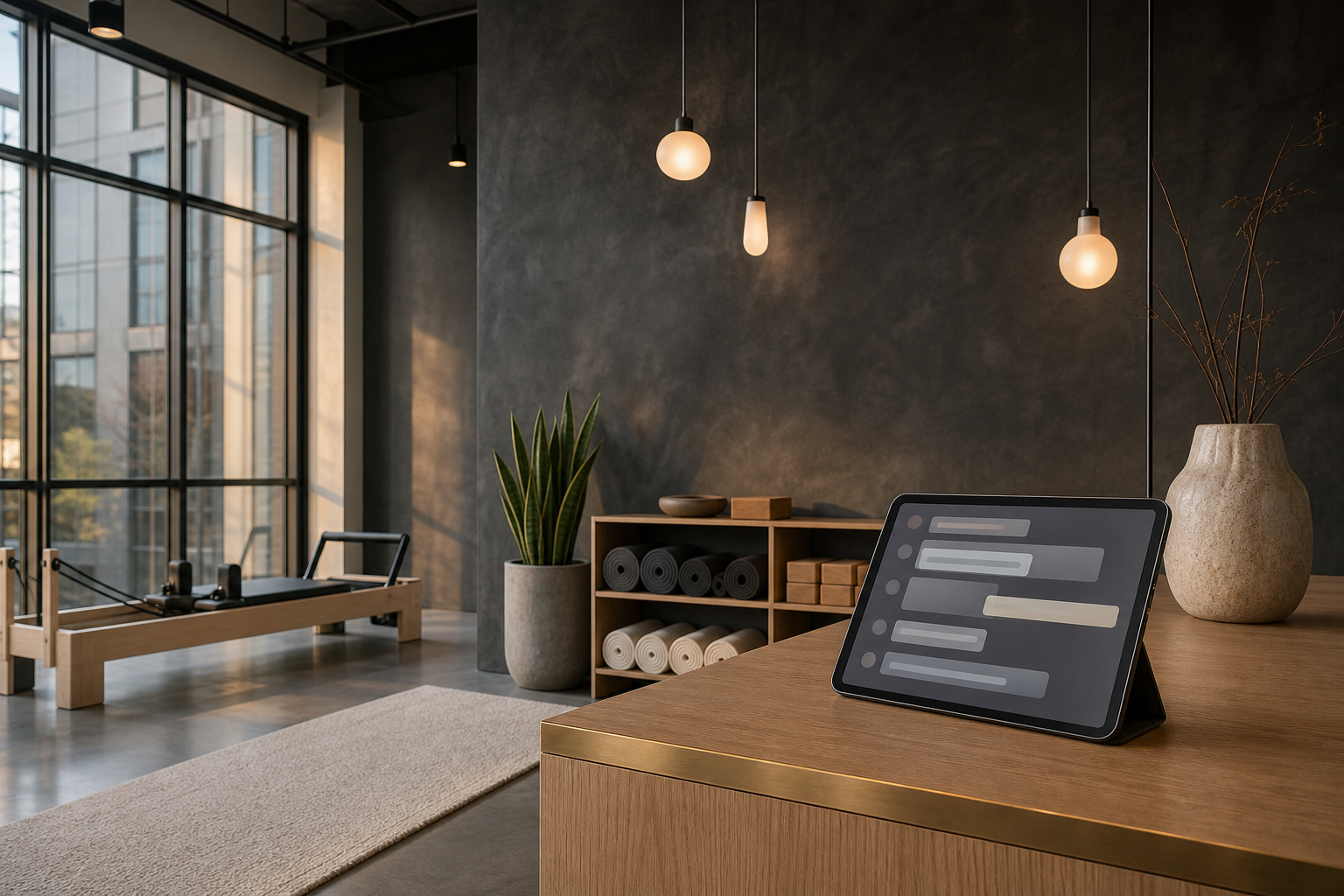 Photorealistic interior of a premium boutique fitness studio in Toronto-modern style at mid-morning, cool north-light tones, polished concrete floor, blonde wood and matte black detailing, a row of mats and Reformer beds visible in soft focus, a reception desk with a tablet on the counter displaying an abstract forum-thread interface. No people present.