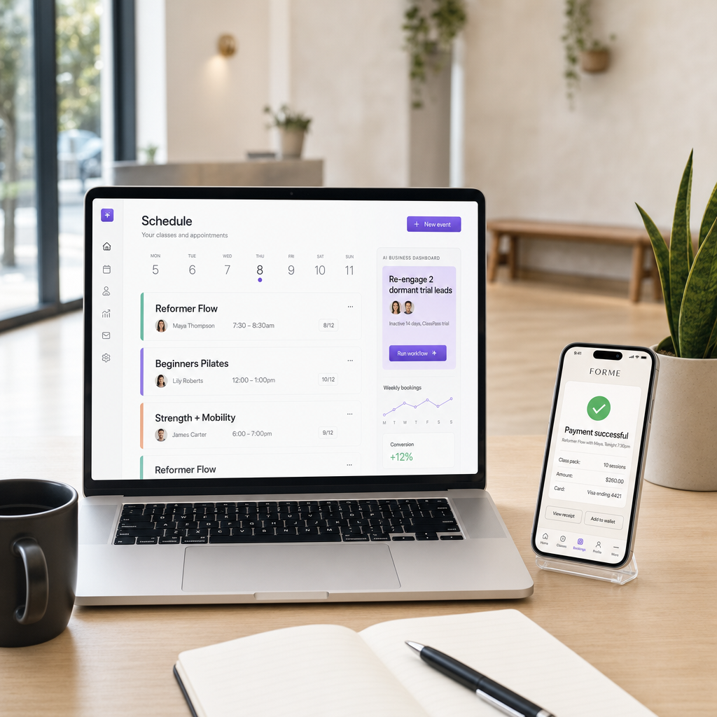 Vibefam pricing hero: a MacBook showing the Vibefam Schedule dashboard alongside an AI Business Dashboard side panel with a 'Re-engage 2 dormant trial leads' workflow card, plus a phone in the foreground confirming a successful class-pack payment in the branded member app.