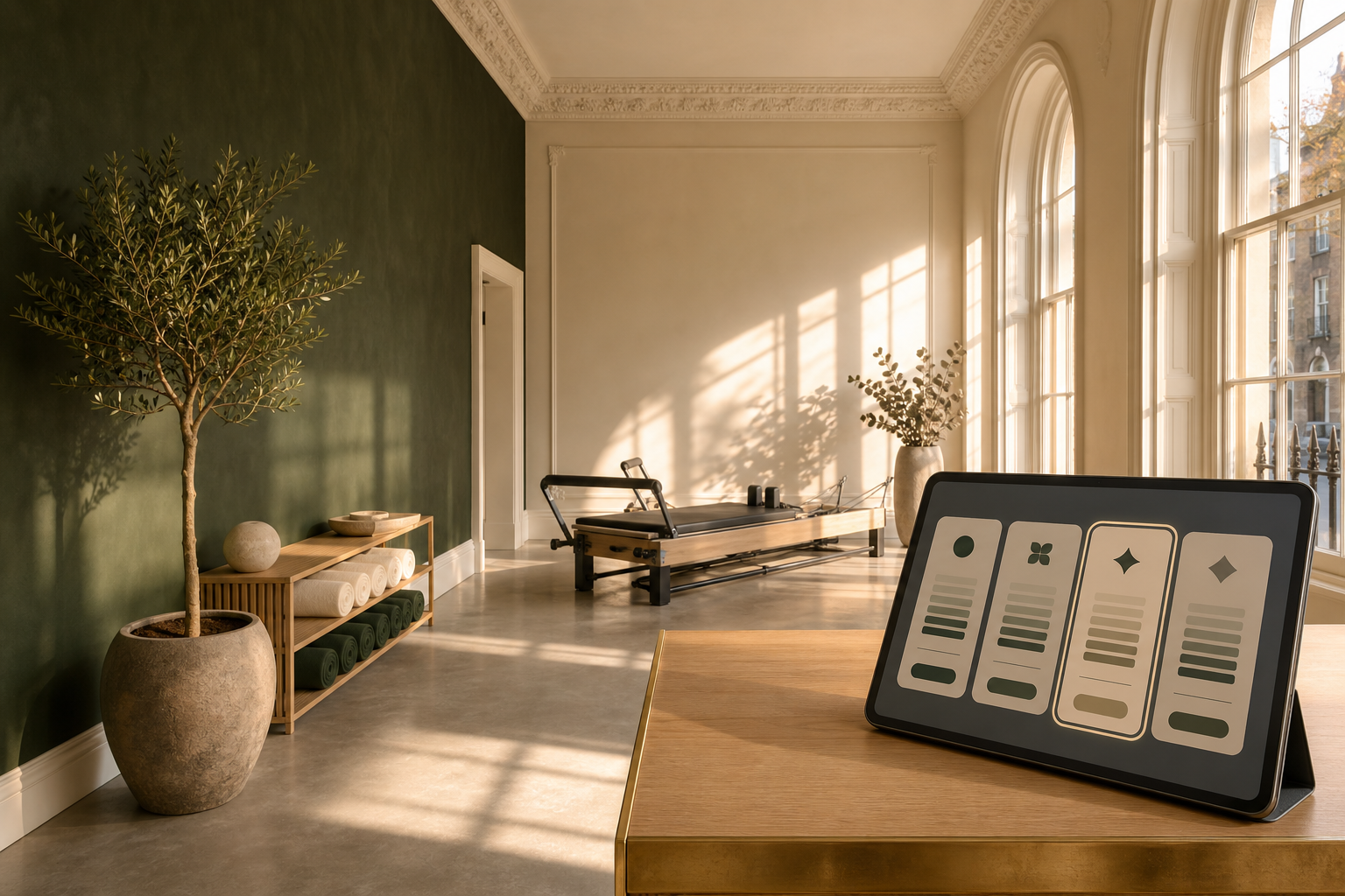 Photorealistic Dublin Georgian-era boutique fitness studio reception at golden hour, with warm sandstone walls, dark wood panelling, tall sash windows letting in honey-coloured afternoon light, a sleek reception desk holding a tablet that shows an abstract pricing-tier interface with stacked subscription cards, soft shadows on a polished marble floor. No people present. Modern AI-native aesthetic, European boutique-studio feel.