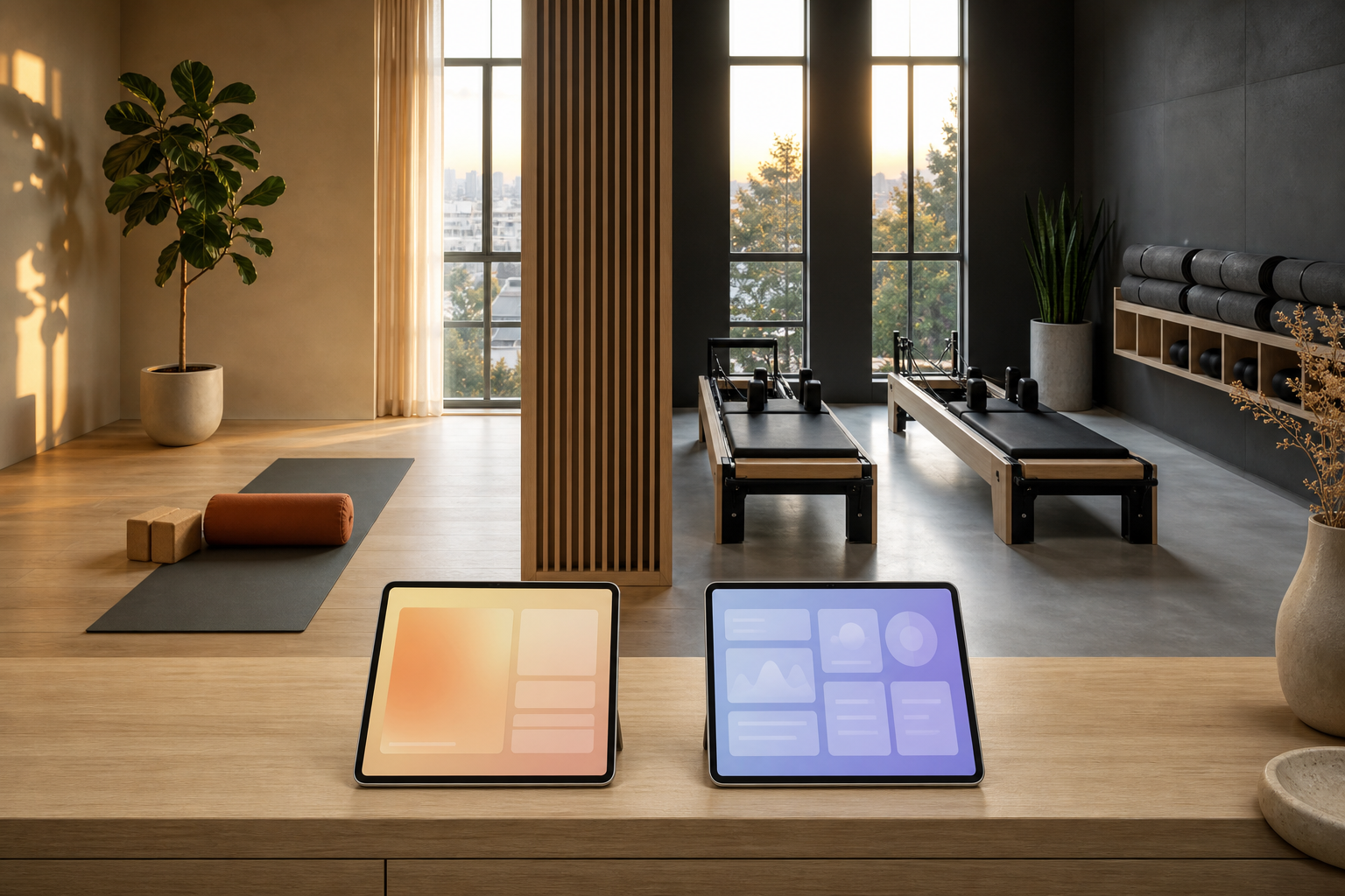 Photorealistic modern boutique yoga and fitness studio at golden hour with two contrasting design zones suggesting comparison, polished wood floors, warm afternoon light through tall windows, two tablets on a reception counter showing different abstract platform interfaces side by side. No people present.