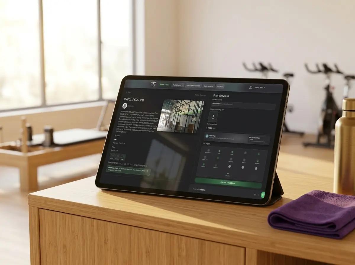 Vibefam class booking and spot map open on a tablet at a studio front desk