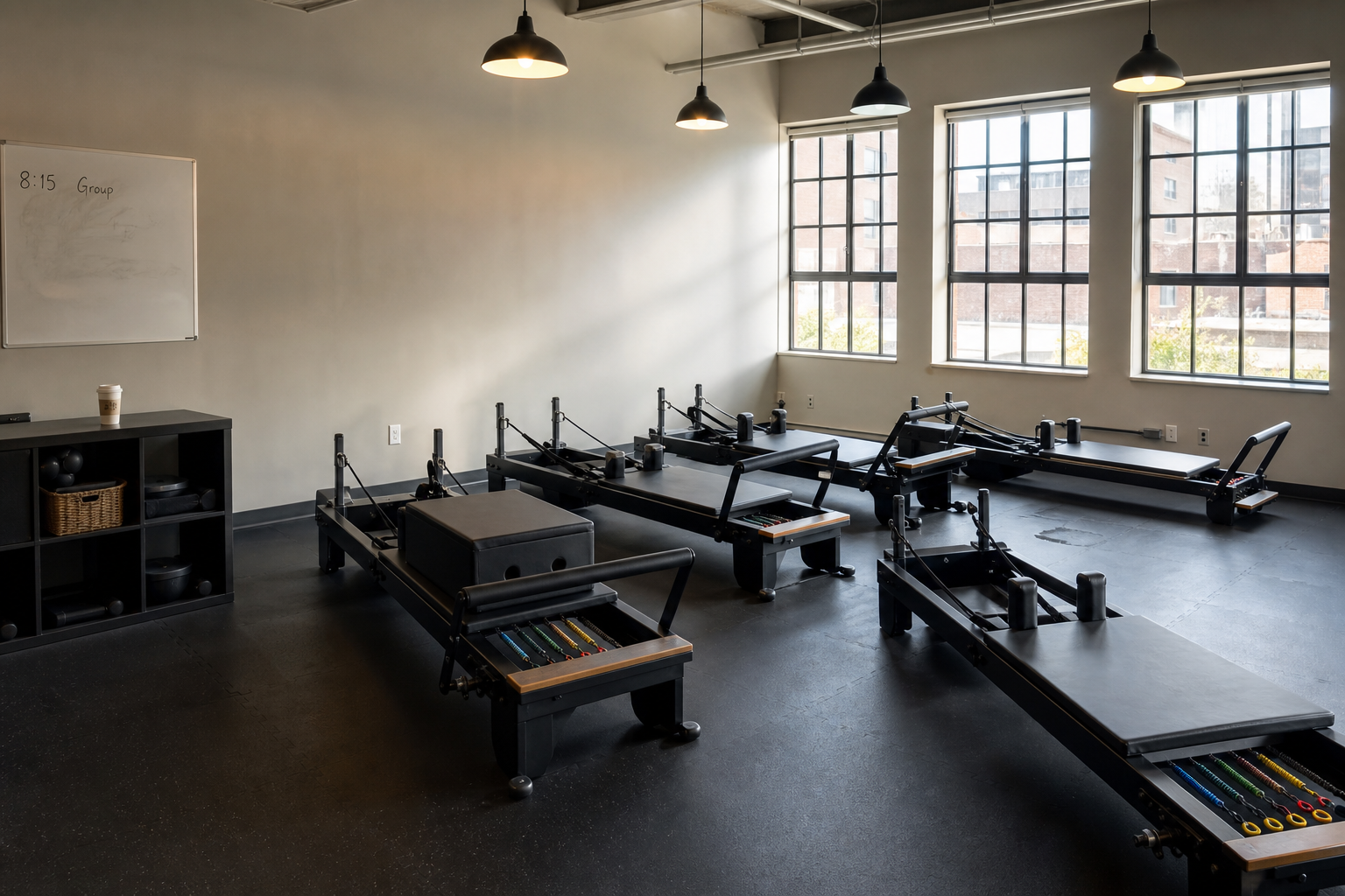 Reformer Pilates studio with six reformer beds arranged in two rows under warehouse-style windows