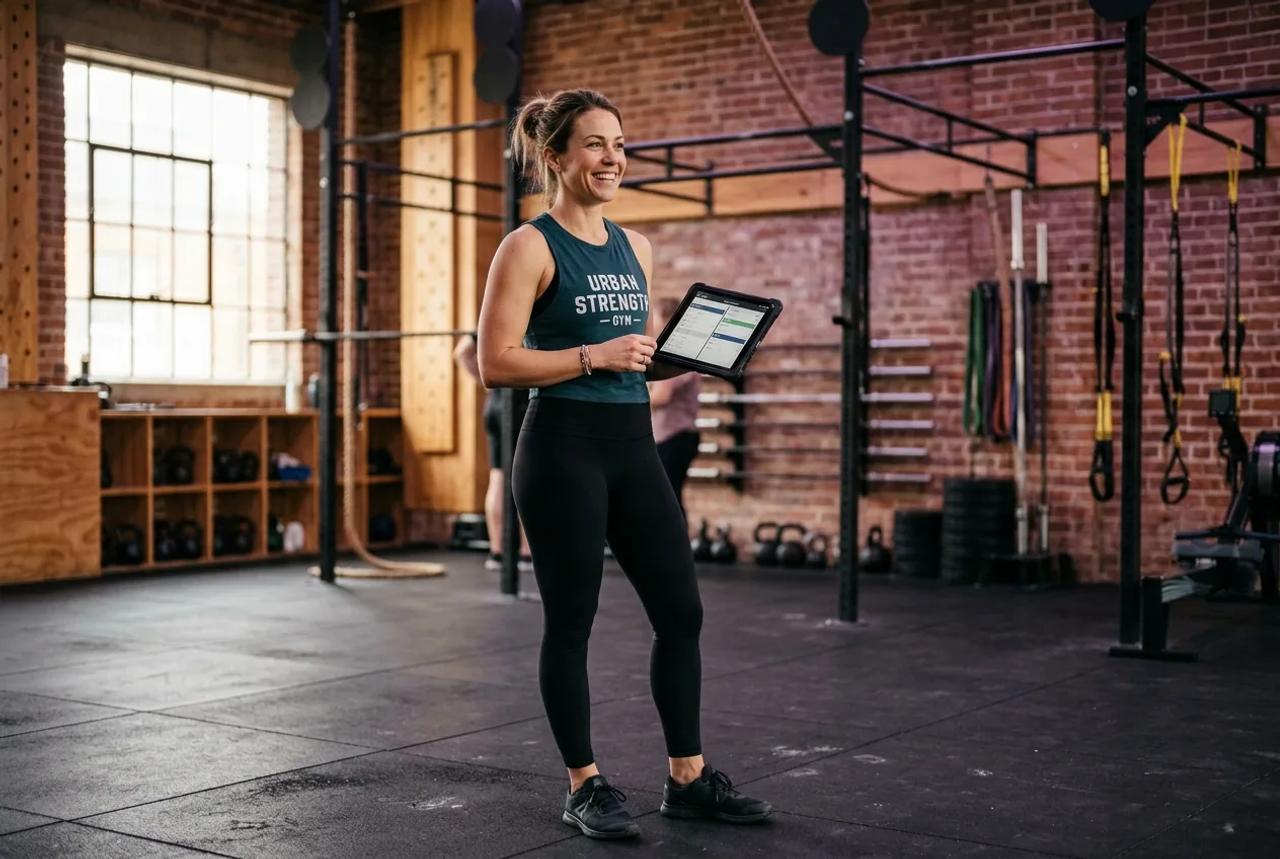 A boutique gym owner managing her schedule on a tablet