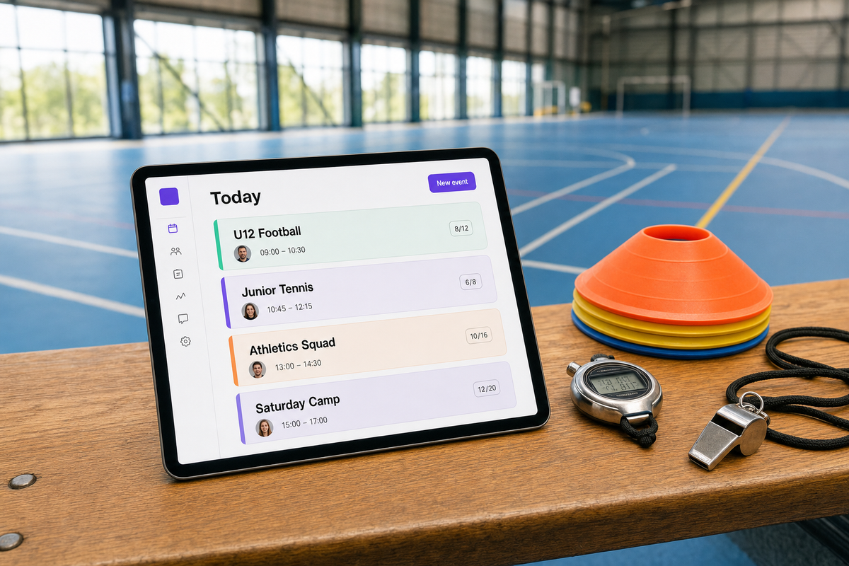 Wooden players-bench at the edge of an indoor sports court with an iPad displaying the Vibefam schedule (U12 Football, Junior Tennis, Athletics Squad, Saturday Camp) beside a stopwatch, training cones, and a coach's whistle.