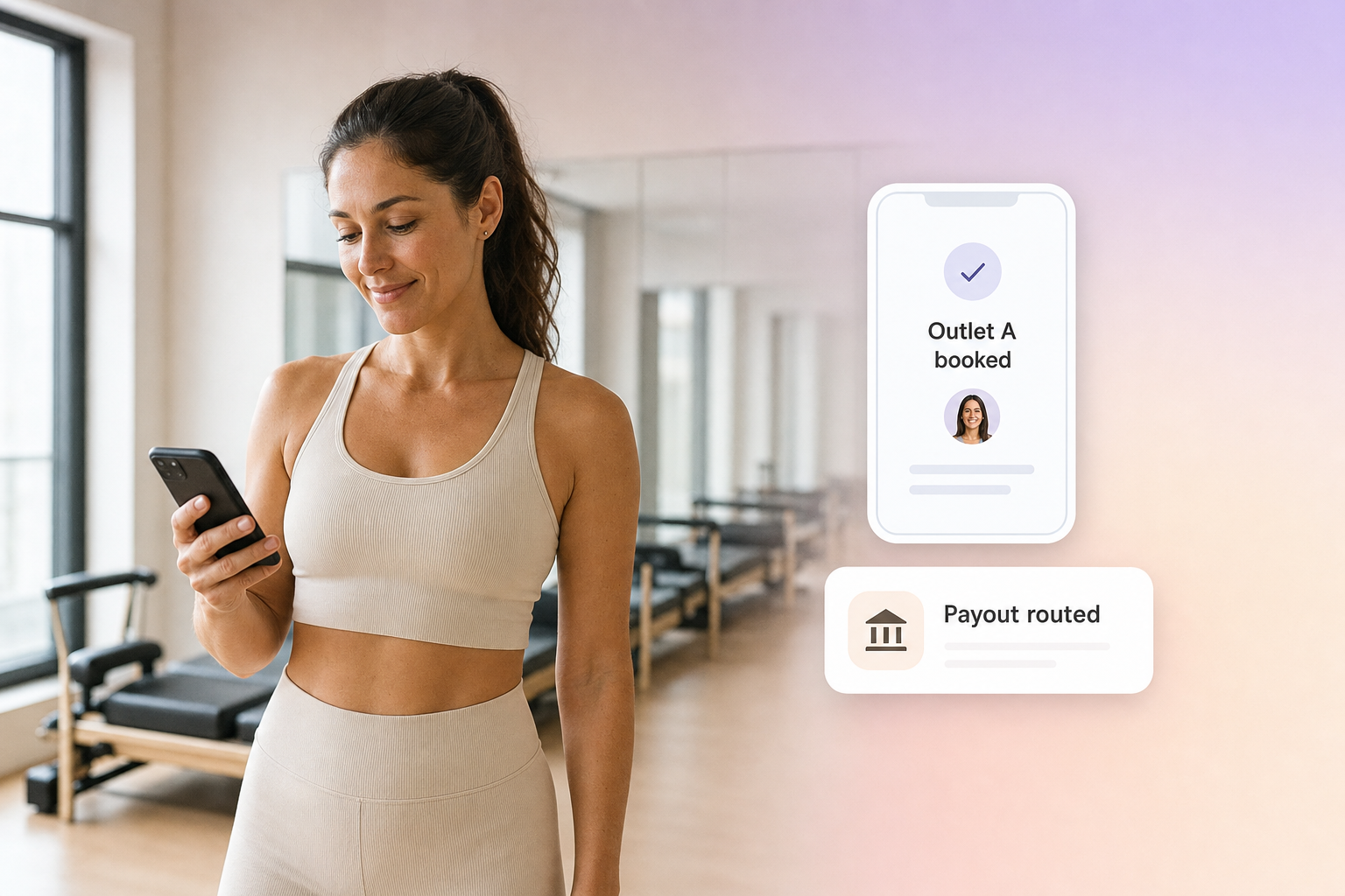 Boutique Pilates studio operator reviewing a multi-outlet booking and payout confirmation on her phone