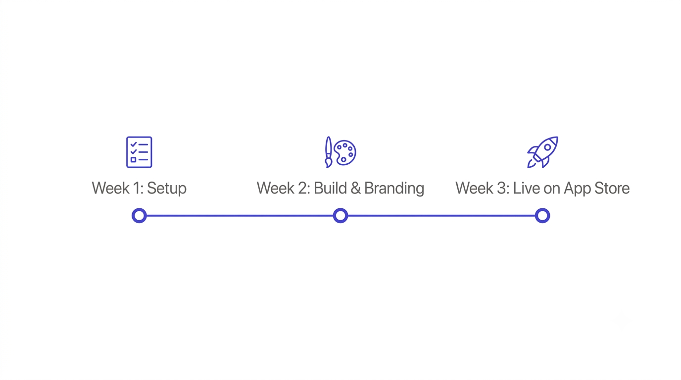 Timeline graphic showing the three-week path to launching a branded studio app: setup, build and branding, then App Store and Google Play live.