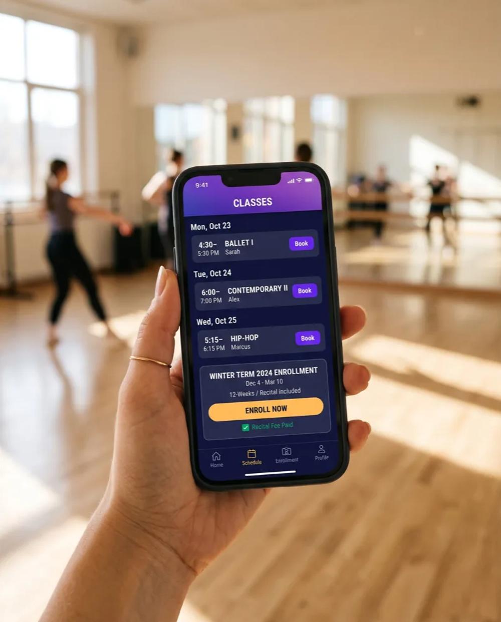 A member browsing a studio's branded app class schedule
