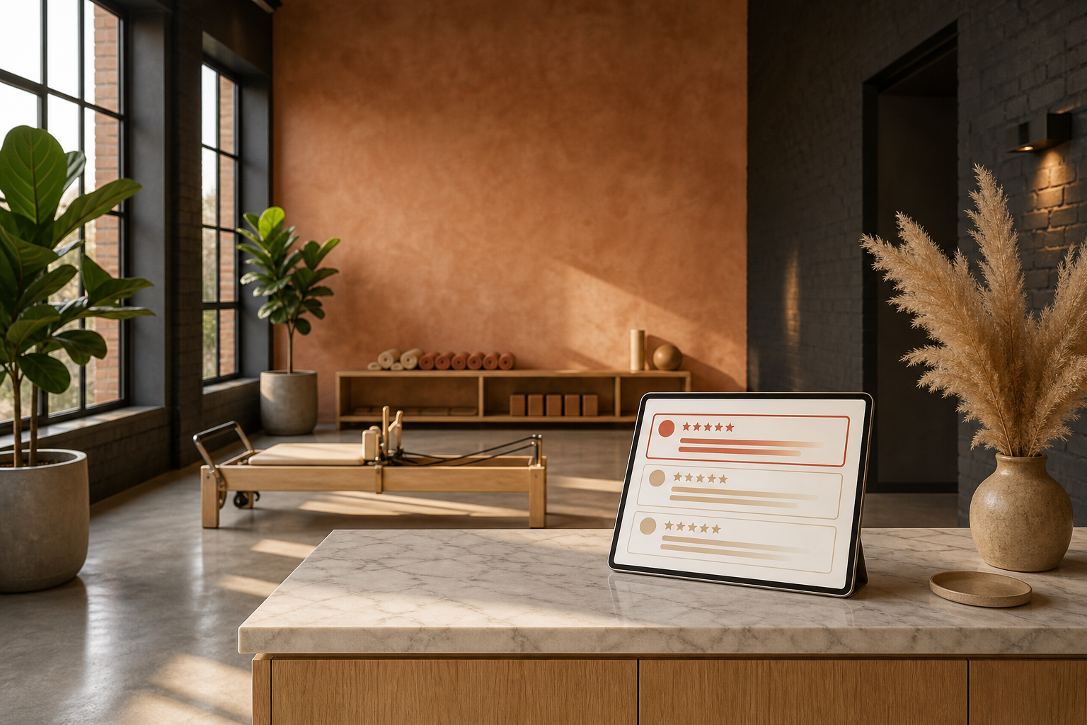 Photorealistic Dublin and Berlin-flavoured boutique fitness studio reception at golden hour, with warm terracotta and sage walls, dark oak floors, tall sash windows letting in honey-coloured late-afternoon light, a reception desk holding a tablet that shows an abstract review-scorecard interface with star-rating dots and stacked sentiment bars, soft long shadows on polished marble. No people present. Modern AI-native aesthetic, European boutique-studio feel.