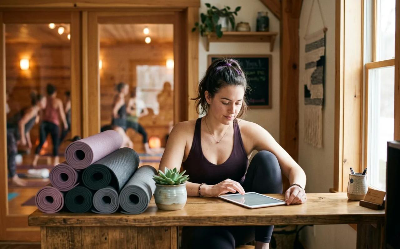 A yoga studio owner managing her schedule on a tablet