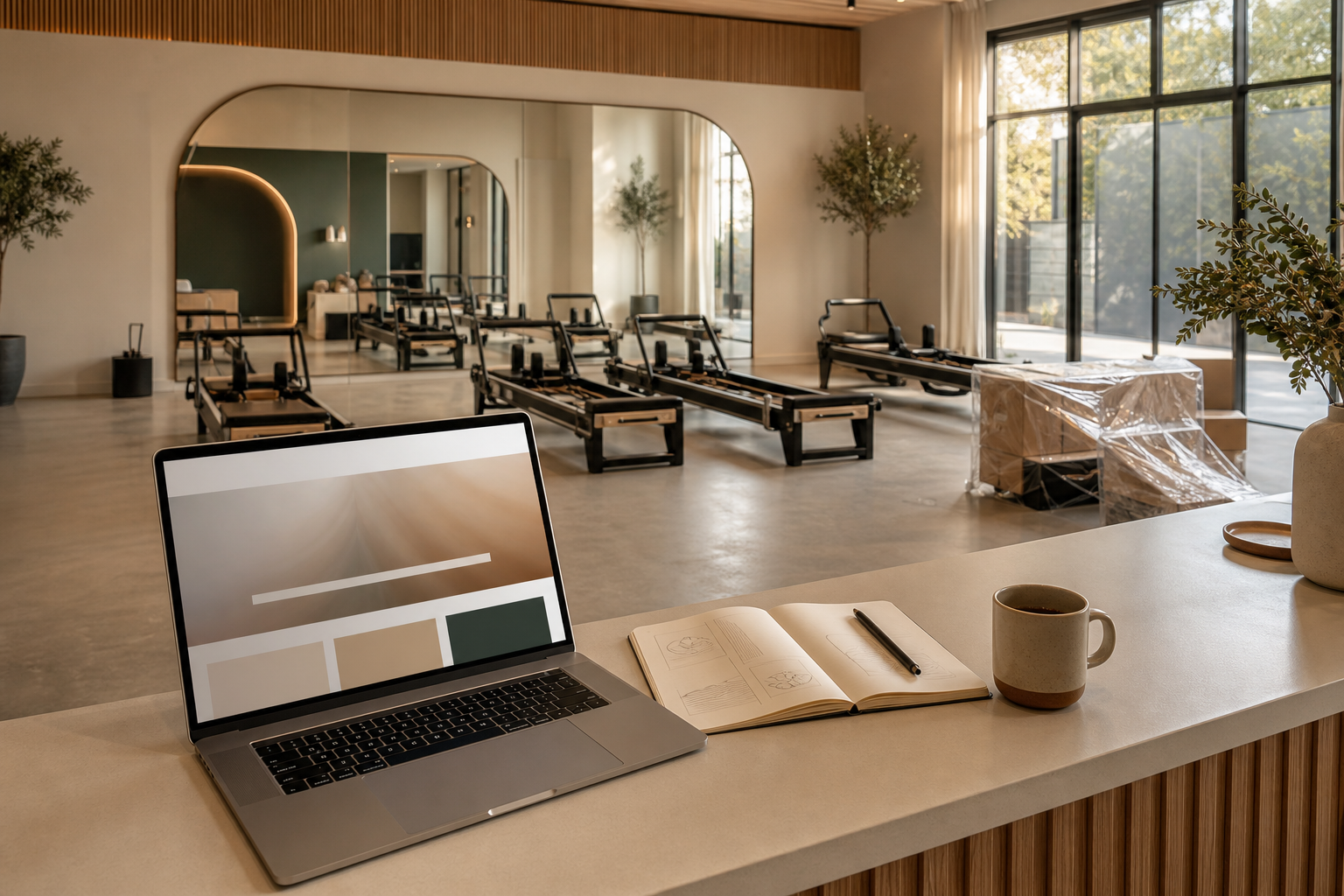 Boutique Pilates studio interior in the final pre-launch window with Reformer beds set up, a partially-wrapped Reformer, a laptop open on the front desk showing a coming-soon landing page, warm afternoon light, no humans