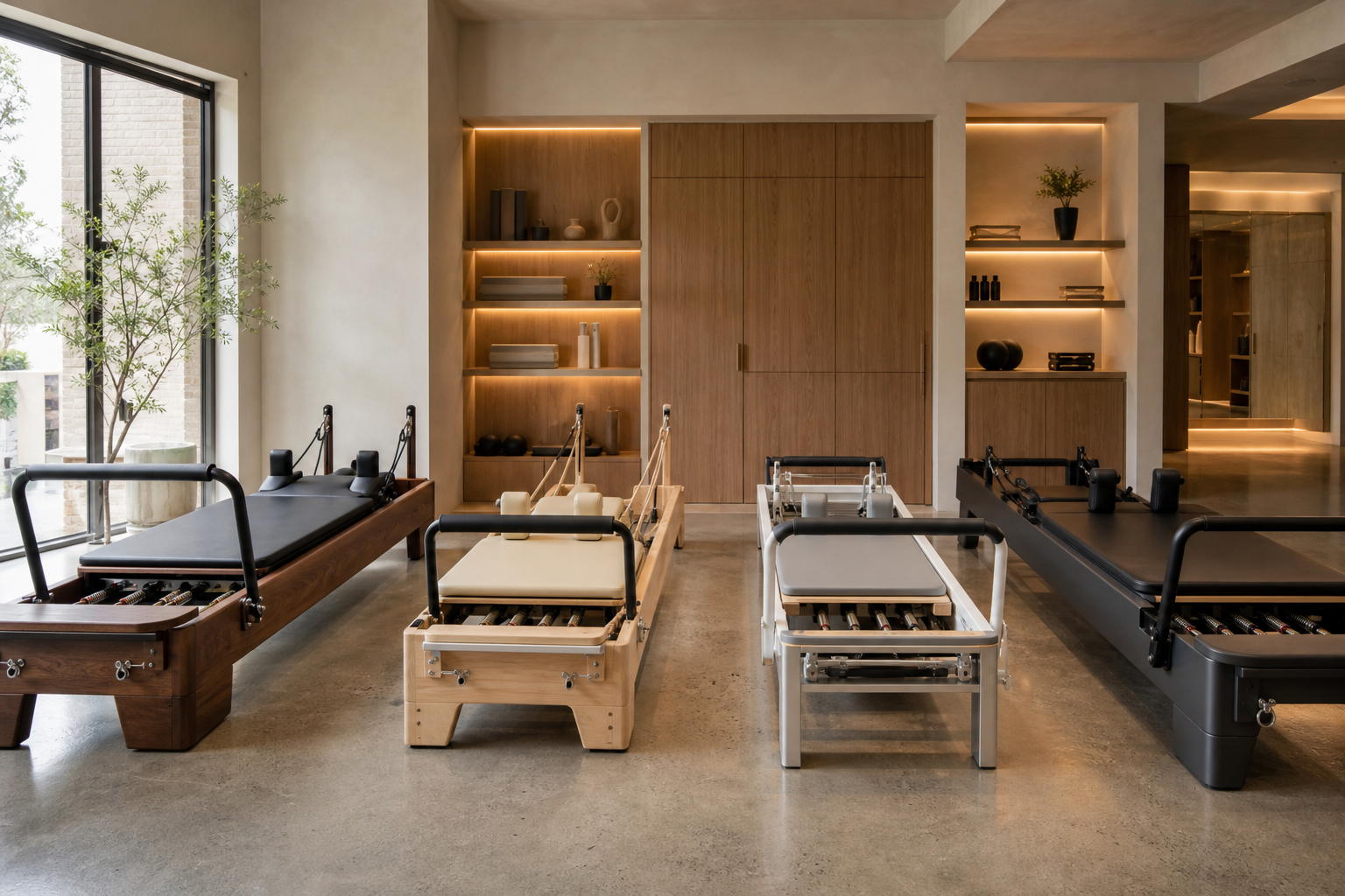 Photorealistic boutique Pilates studio interior in 2026 with a row of eight commercial Reformers, polished concrete floor, soft natural light, no people visible