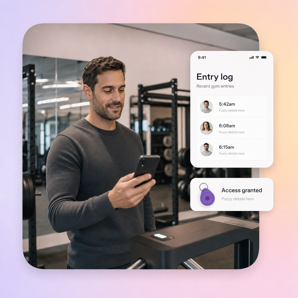 Boutique gym owner near a turnstile with floating phone entry log and access-granted UI cards