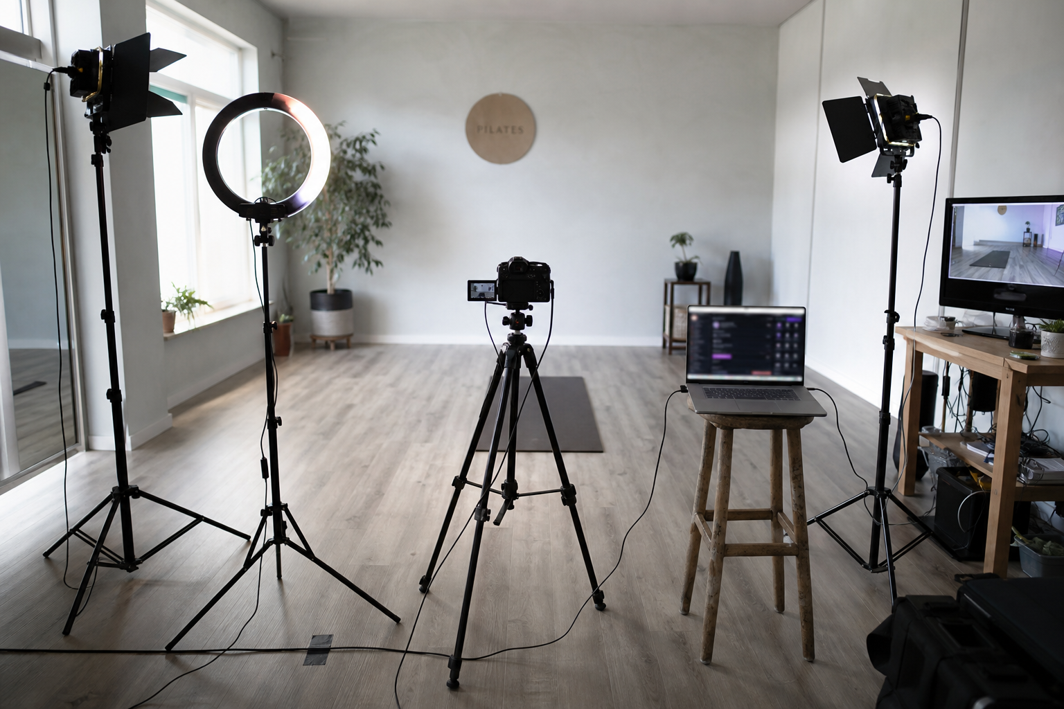 Studio configured for on-demand video recording with camera, ring light, studio lights, and a recording laptop