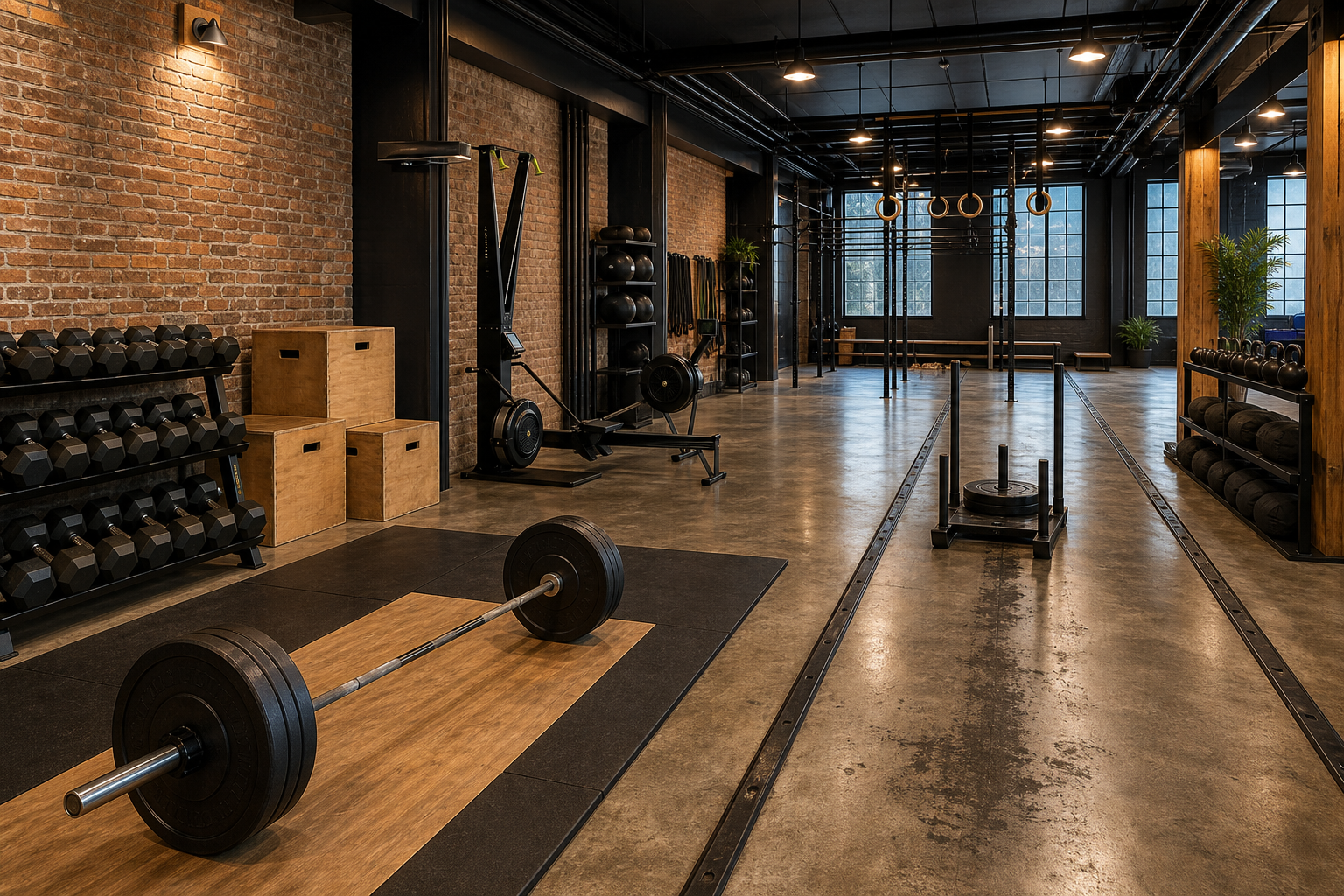 CrossFit box interior with rowers, SkiErgs, sleds, kettlebells and wall ball targets arranged in a HYROX-style station layout, photorealistic, no humans