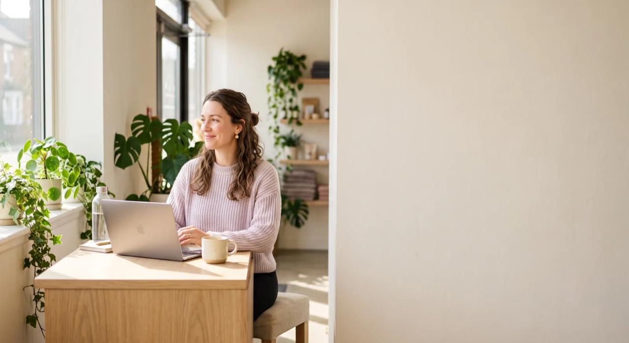 A boutique studio owner switching to Vibefam at her sunlit reception desk, relaxed with her laptop and coffee