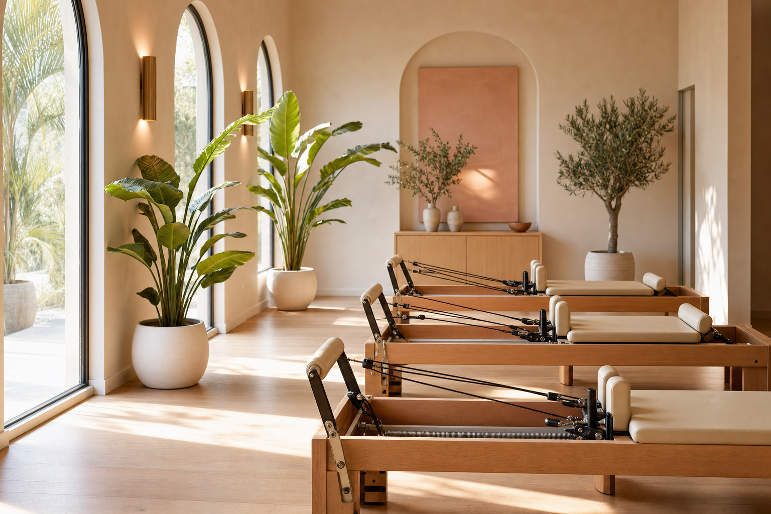 Bright, airy boutique Pilates studio interior with reformer beds, arched windows and warm natural morning light