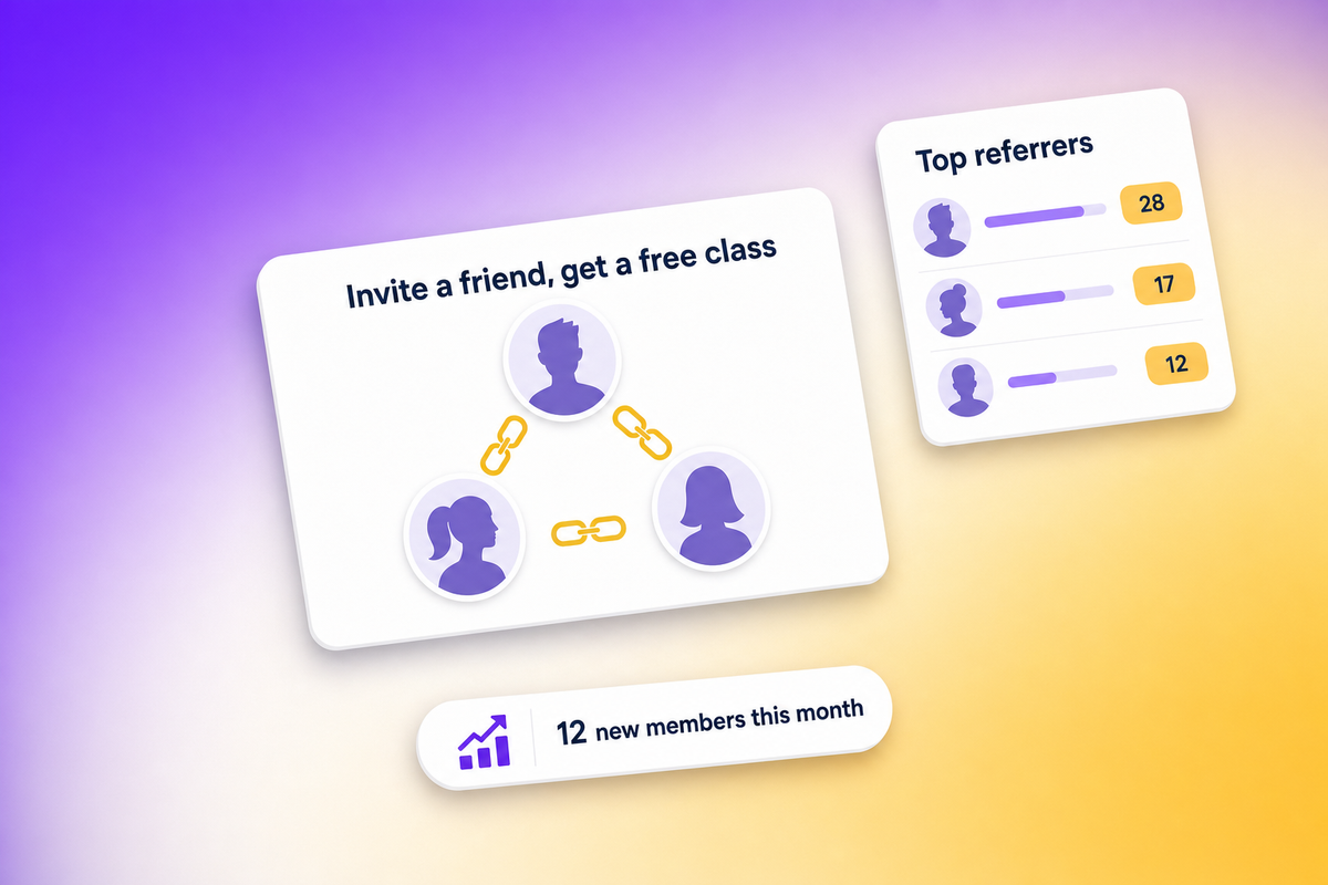 Vibefam member referral feature illustration with Invite-a-friend card, Top referrers leaderboard, and new-members-this-month badge