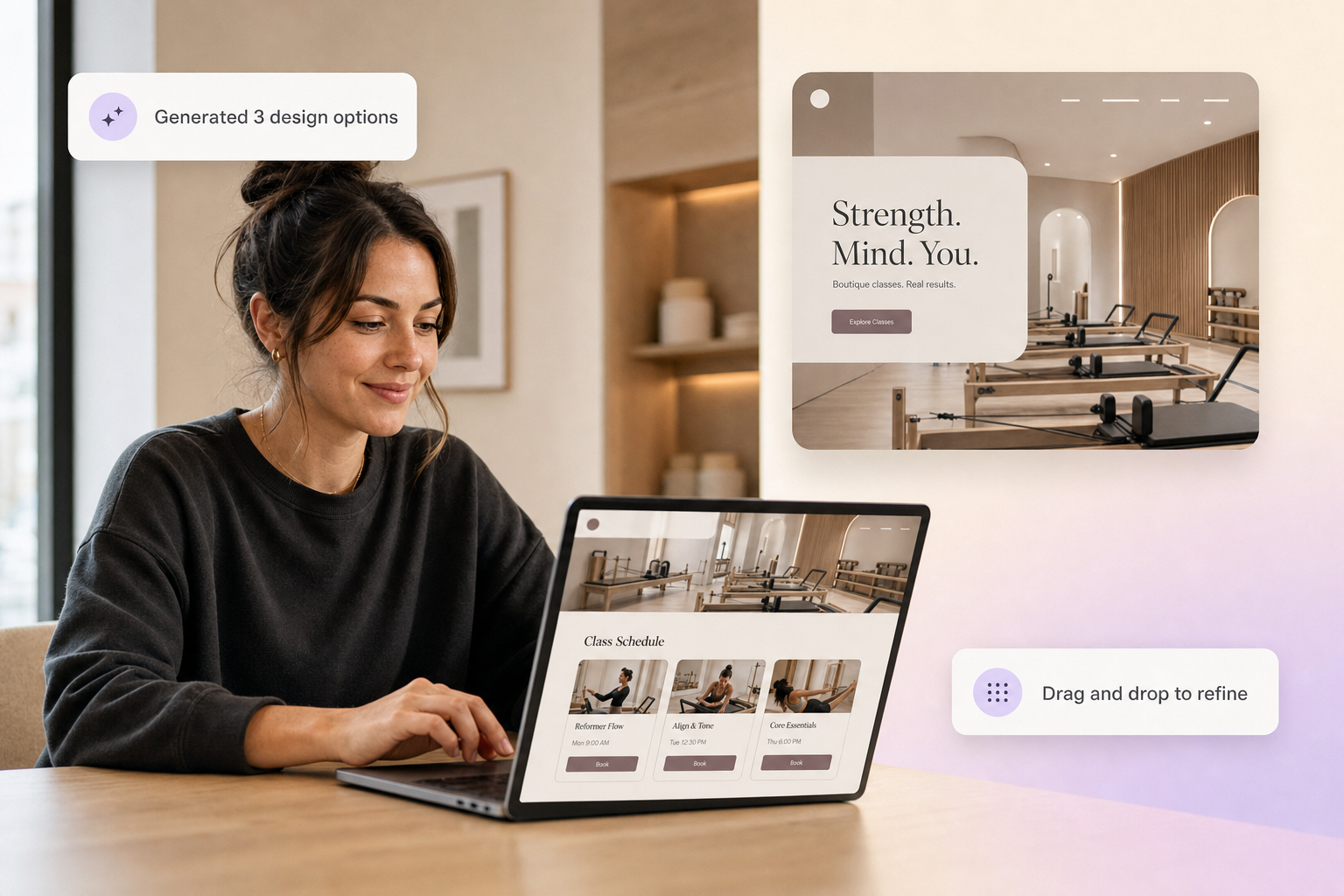 Studio owner reviewing AI-generated website design options on a laptop with floating UI cards showing draft layouts