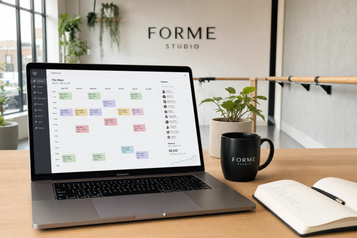 A silver MacBook on a light oak reception desk in a modern boutique pilates studio shows the Vibefam class scheduling dashboard with a clean weekly grid and member retention chart, beside a branded coffee mug and snake plant.