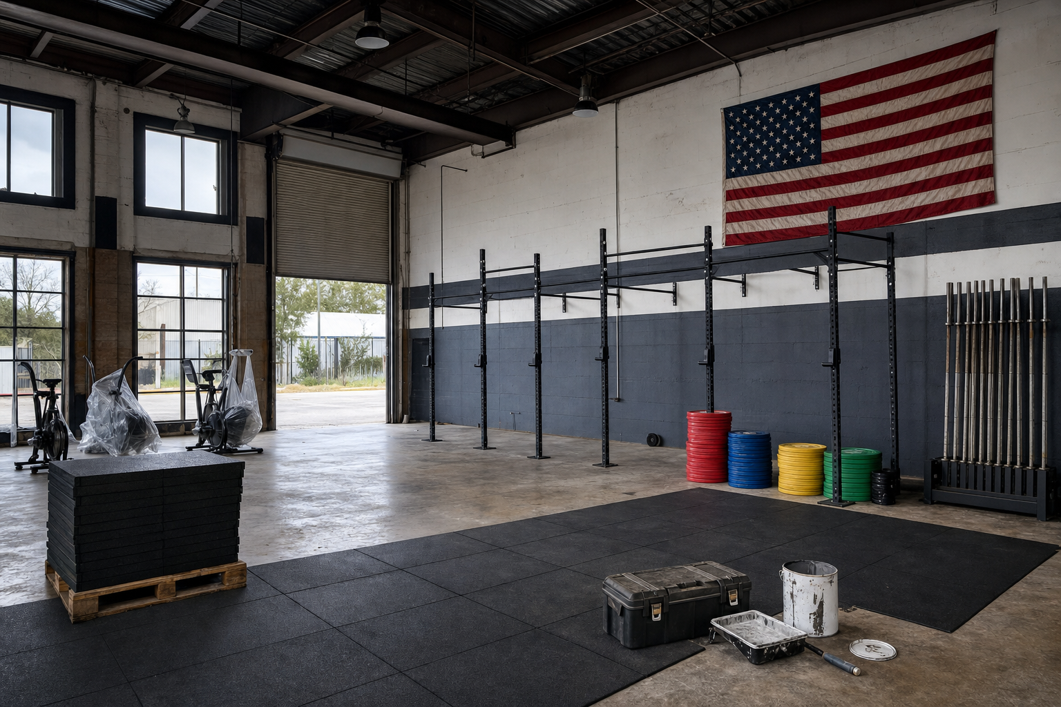 Empty boutique CrossFit affiliate gym under renovation in the US, with rig, barbells, plates, and rowers, no humans