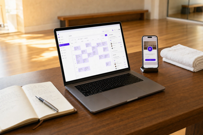 A premium photo-realistic view of the Vibefam studio dashboard on a MacBook alongside the branded member app on an iPhone, on a darker walnut desk with an open notebook and folded towel, set in a bright modern boutique fitness studio with warm afternoon light.