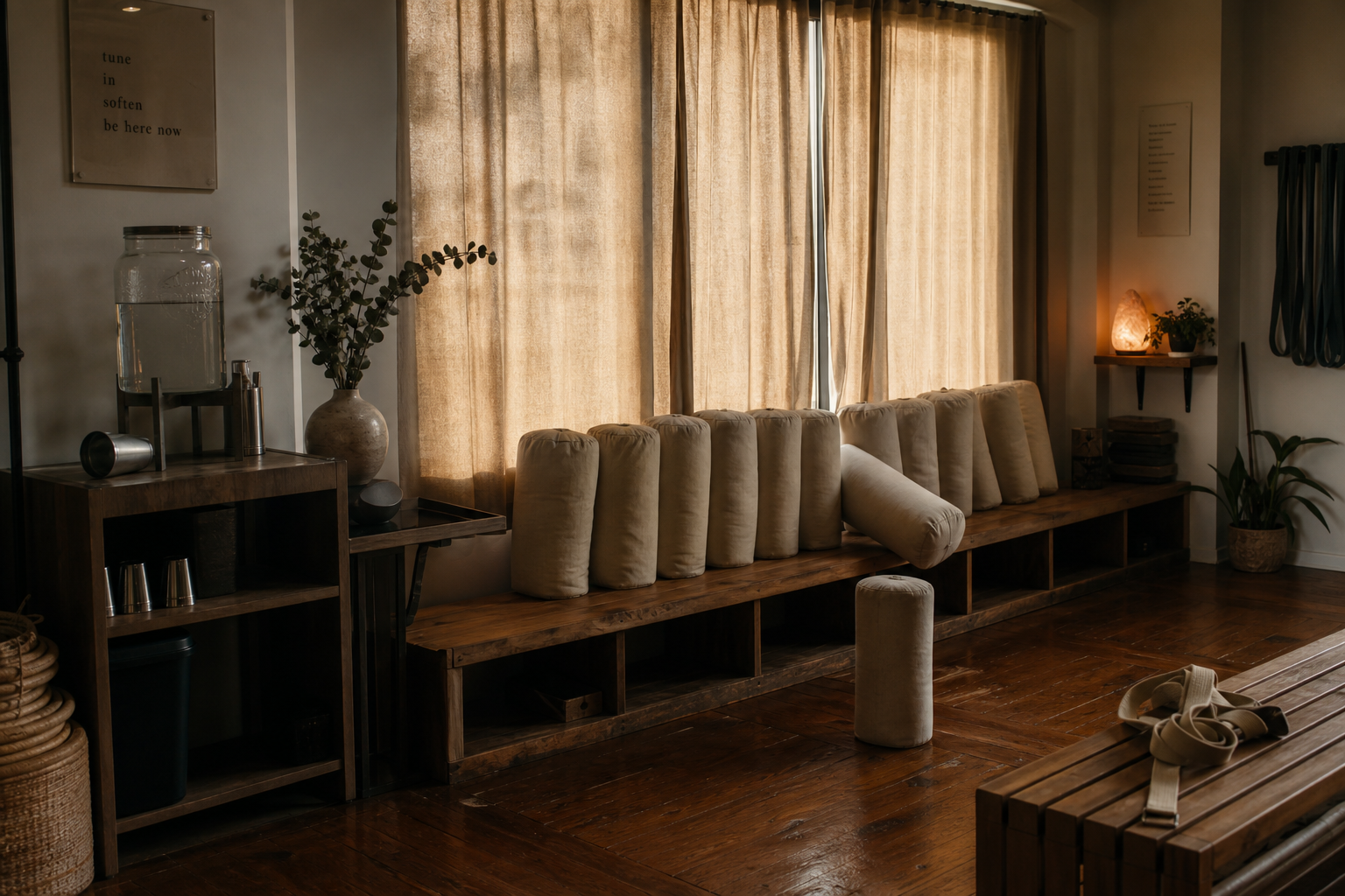 Boutique wellness studio interior with bolsters, water station, salt lamp, and eucalyptus in soft light