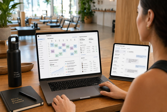 A boutique studio owner at a desk reviewing the comprehensive Vibefam all-in-one studio management platform, the laptop shows class scheduling, payments and payouts, the AI Business Dashboard, and member management all on a single screen, with the AI Customer Support Agent chat interface visible on a tablet alongside.
