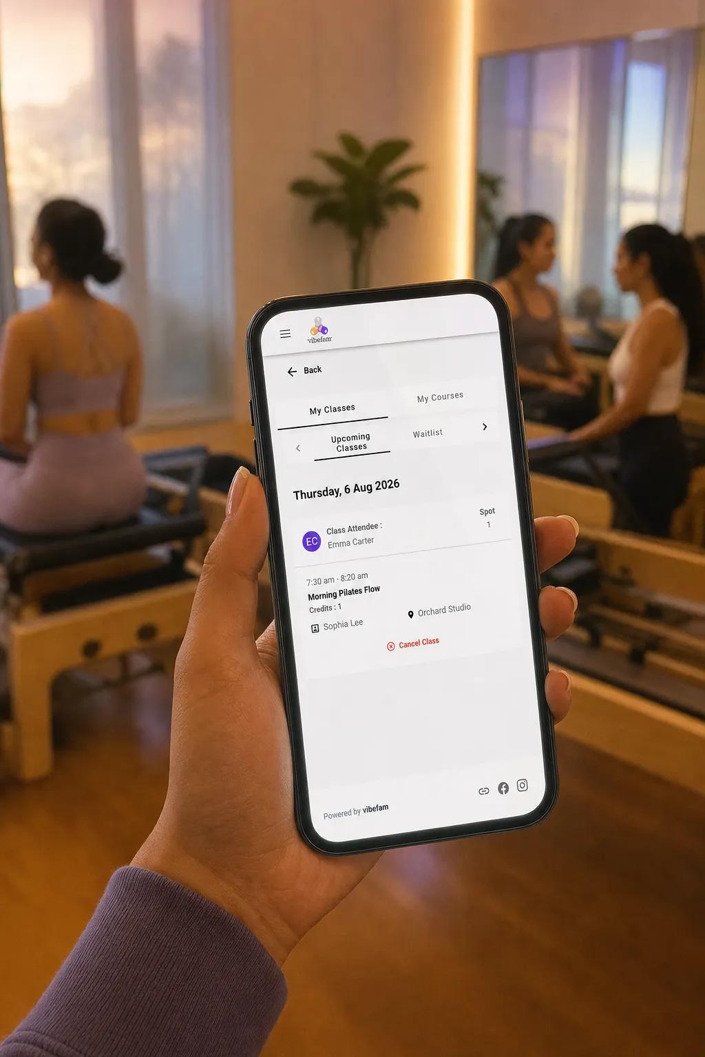 Vibefam waitlist automation promoting the next waitlisted member into a cancelled class spot