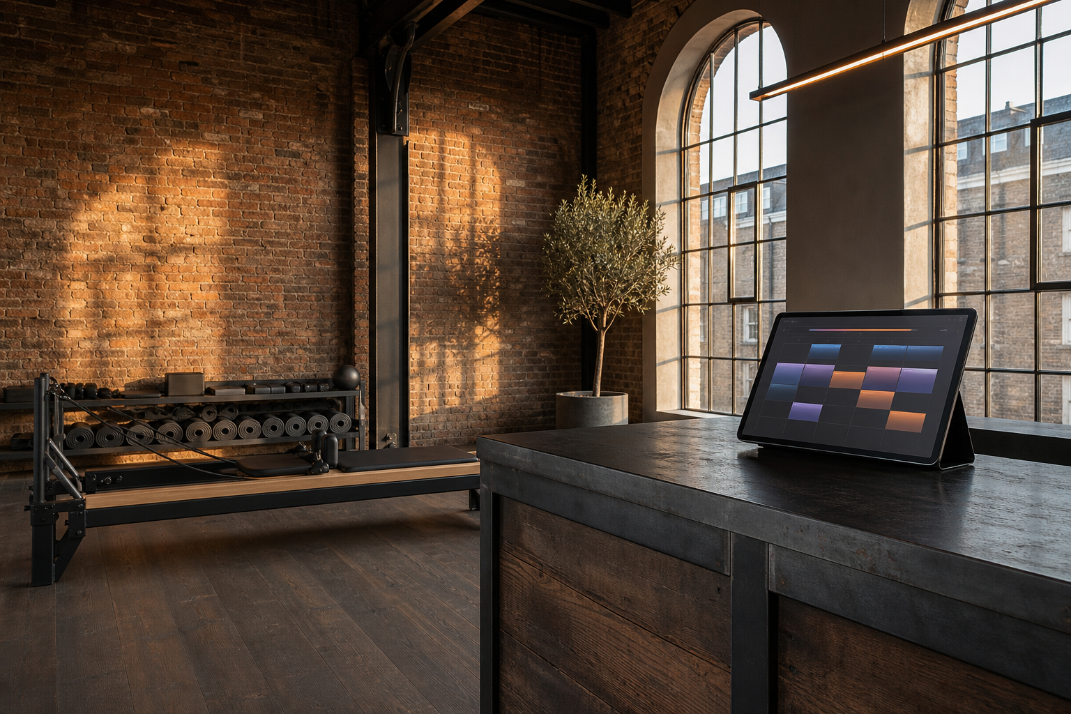 Photorealistic interior of a premium European boutique fitness studio at golden hour with polished wood floors, exposed brick on one wall, a Reformer Pilates bed and a row of mats in the background, and a reception desk with a tablet showing an abstract scheduling interface. Warm afternoon light through tall windows. No people present.