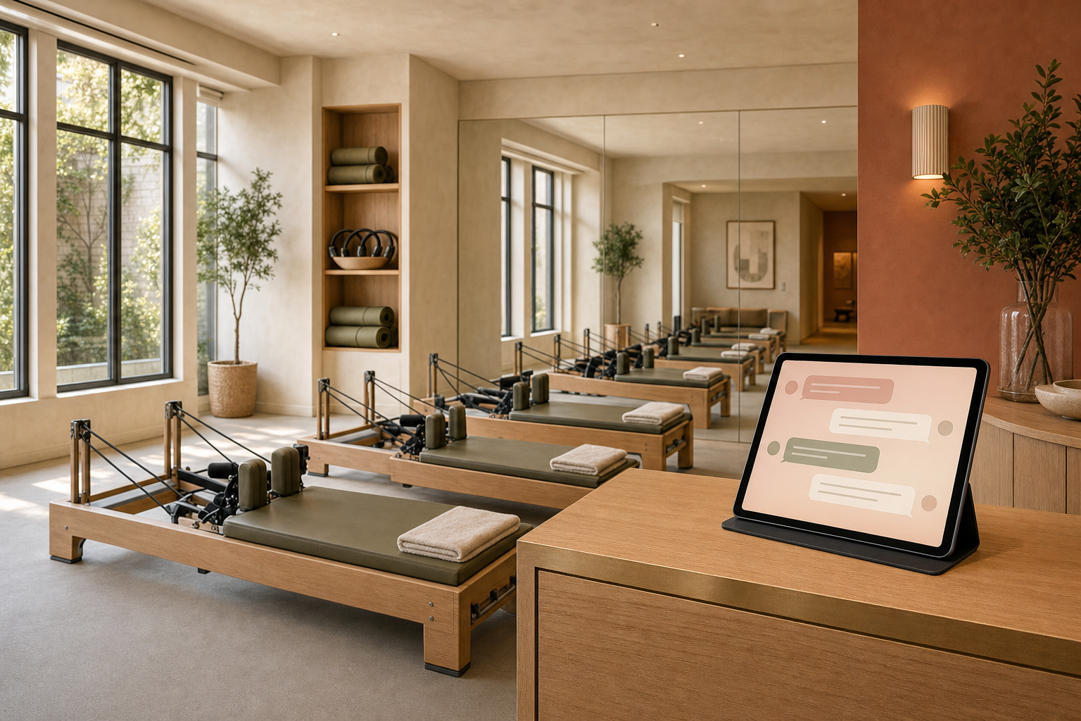Boutique Pilates studio with three wooden-frame reformers, oak shelving with rolled sage mats, and a tablet on the reception counter showing a stylized community discussion UI