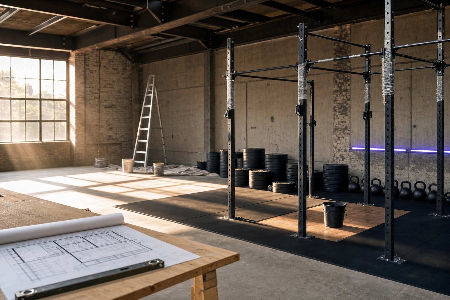 CrossFit box mid-renovation, pre-launch, exposed brick walls and partially assembled rig