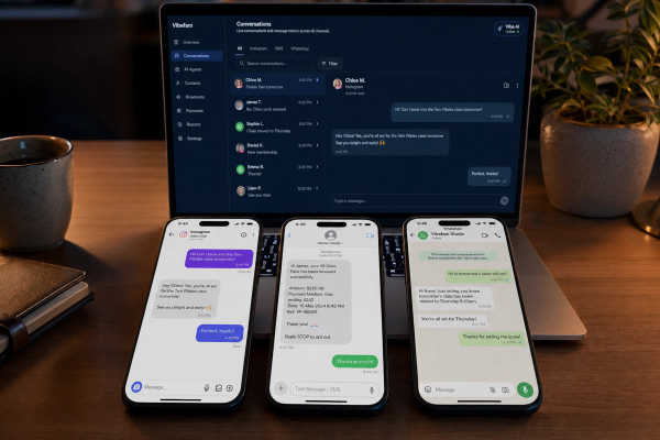 Boutique studio owner's desk with three smartphones showing live Instagram DM, SMS, and WhatsApp conversations, Vibe AI Customer Support Agent handling a Pilates booking, a class-pack renewal payment, and a class-cancellation rescheduling all in real time, with the Vibefam dashboard visible on a laptop in the background.