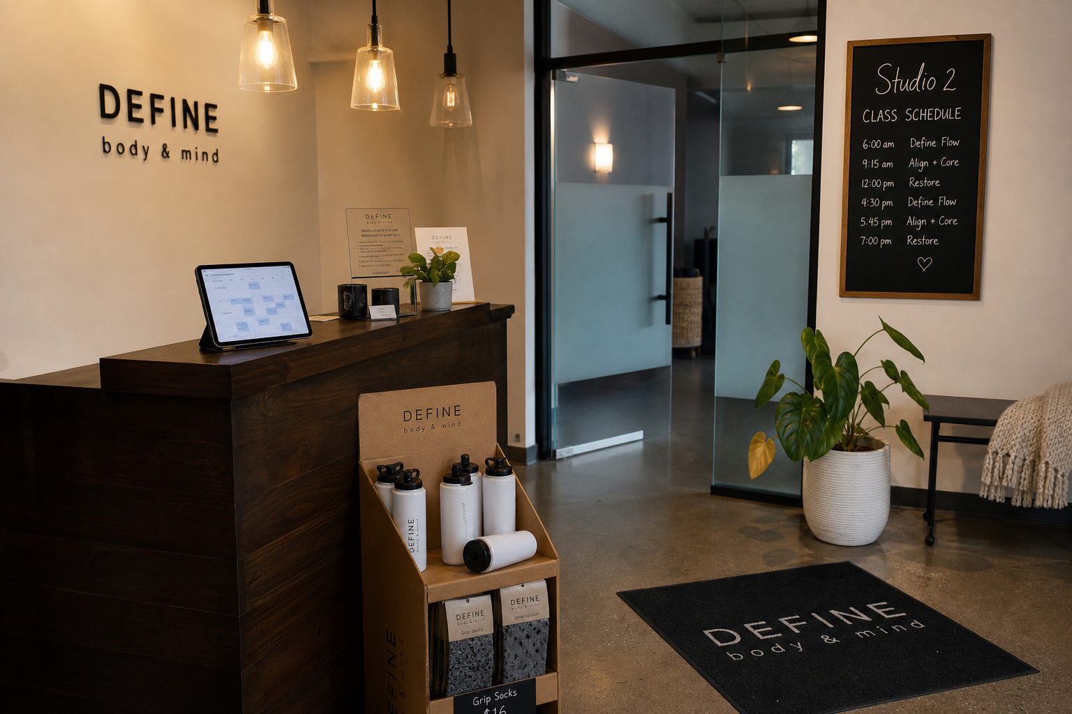 Multi-location boutique studio reception area with check-in tablet and branded retail display