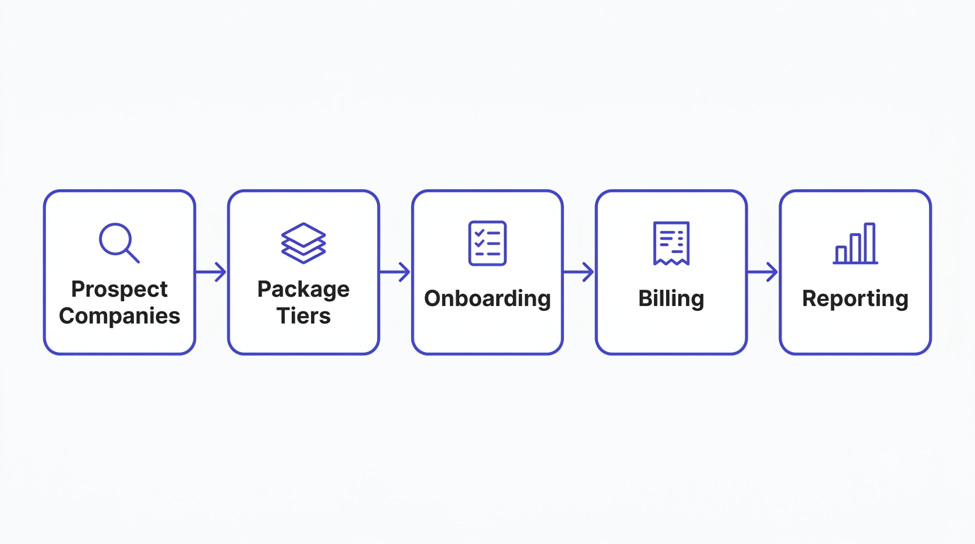 Flowchart showing a gym's corporate wellness workflow: prospect companies, package tiers, onboarding, billing, and reporting.