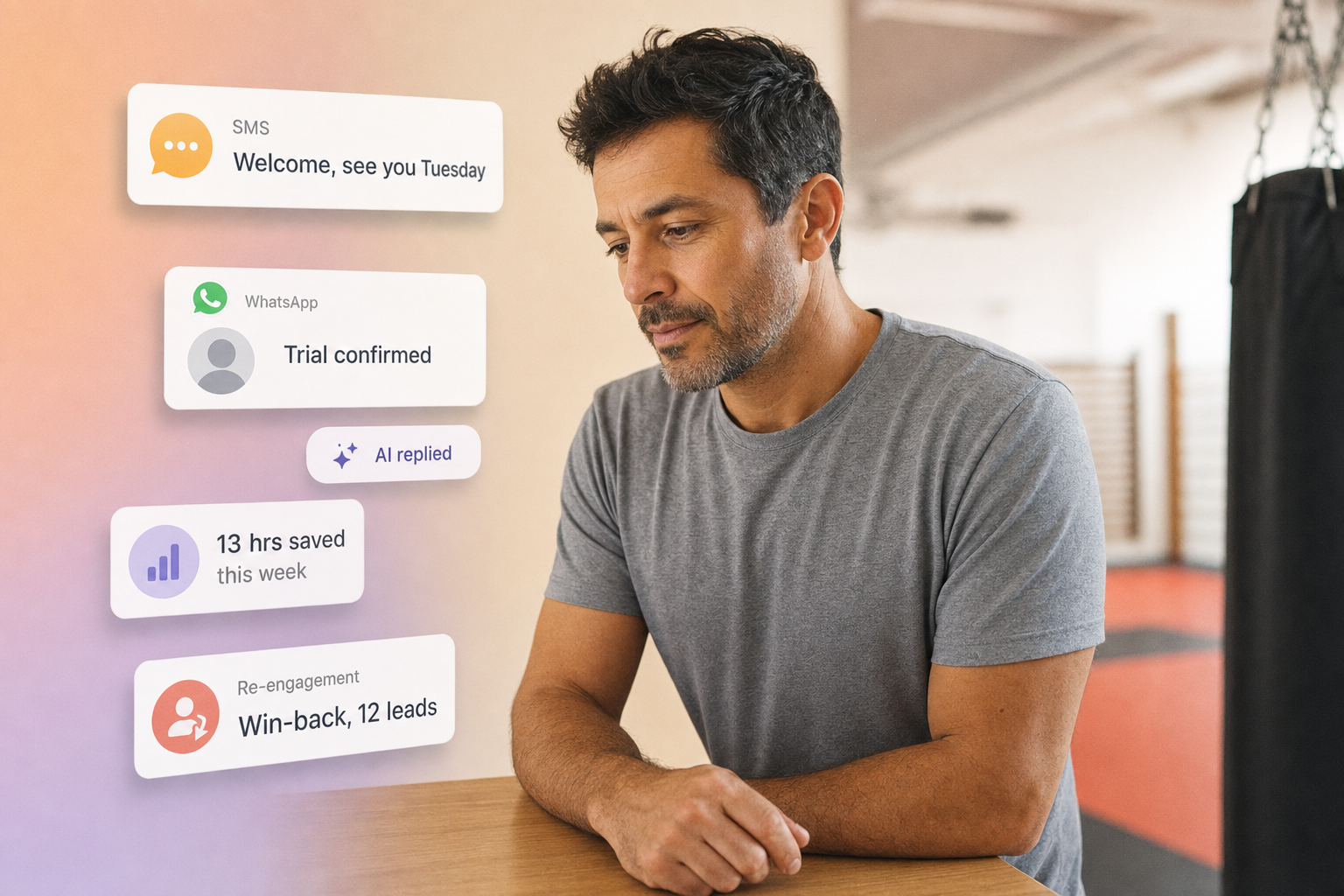 Martial arts gym owner at wooden counter reading a confirmation, with floating UI cards showing SMS welcome, WhatsApp trial confirmed, AI replied status, hours saved dashboard tile, and win-back leads