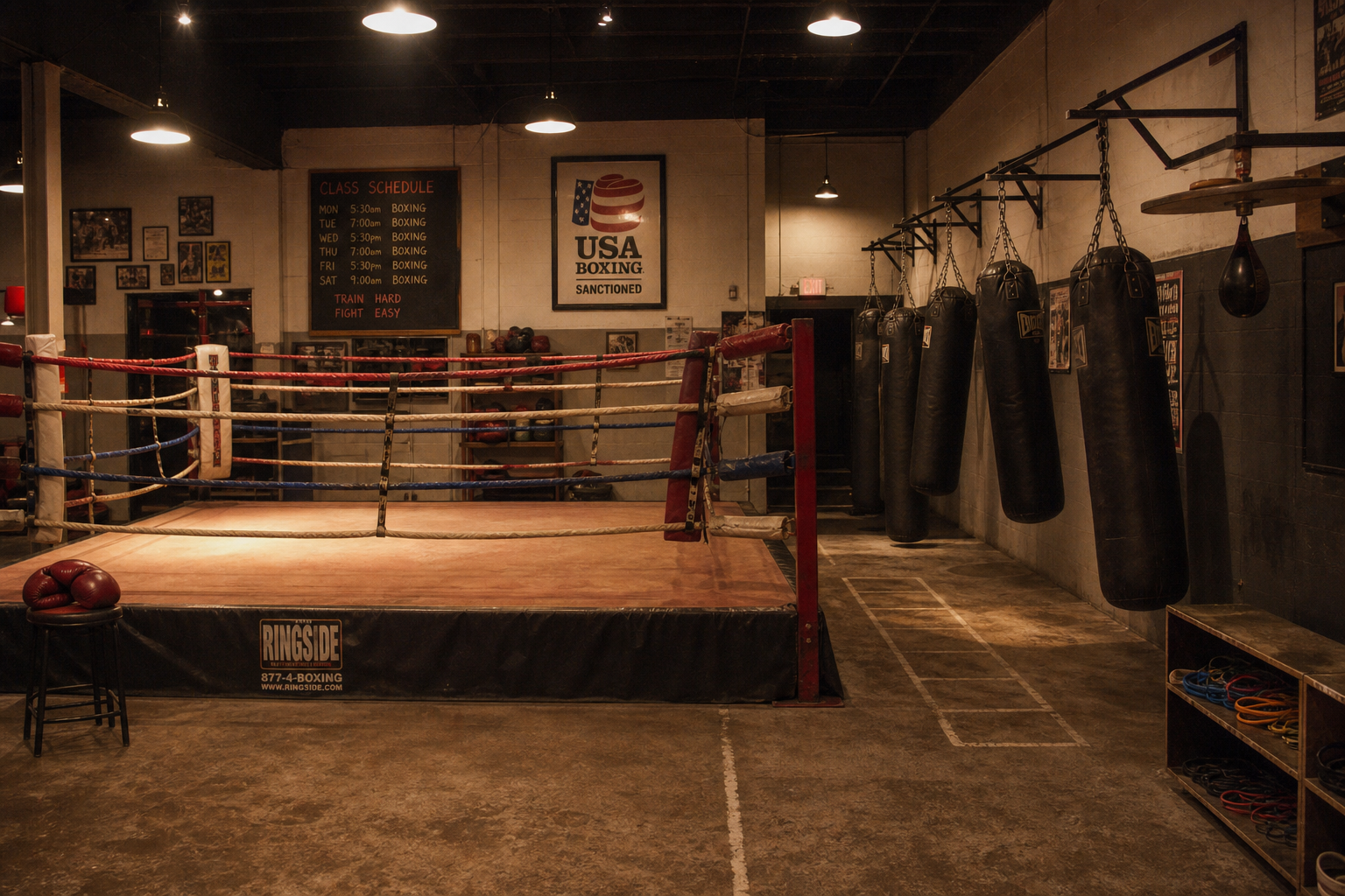 Boutique boxing gym interior with a full-size ring, heavy bags, and concrete floors