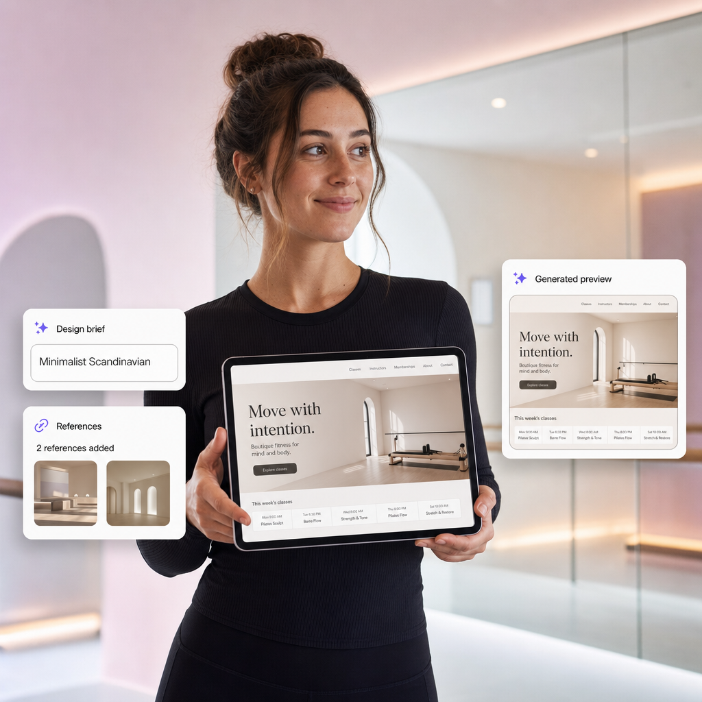Studio owner holding a tablet showing an AI-generated boutique studio website draft alongside floating brief and reference cards