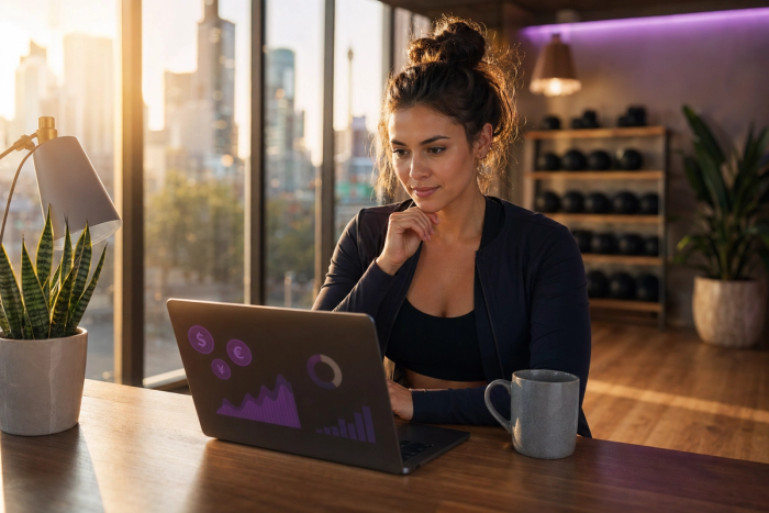 Modern boutique fitness studio interior with floor-to-ceiling windows opening to a contemporary city street view at golden hour.