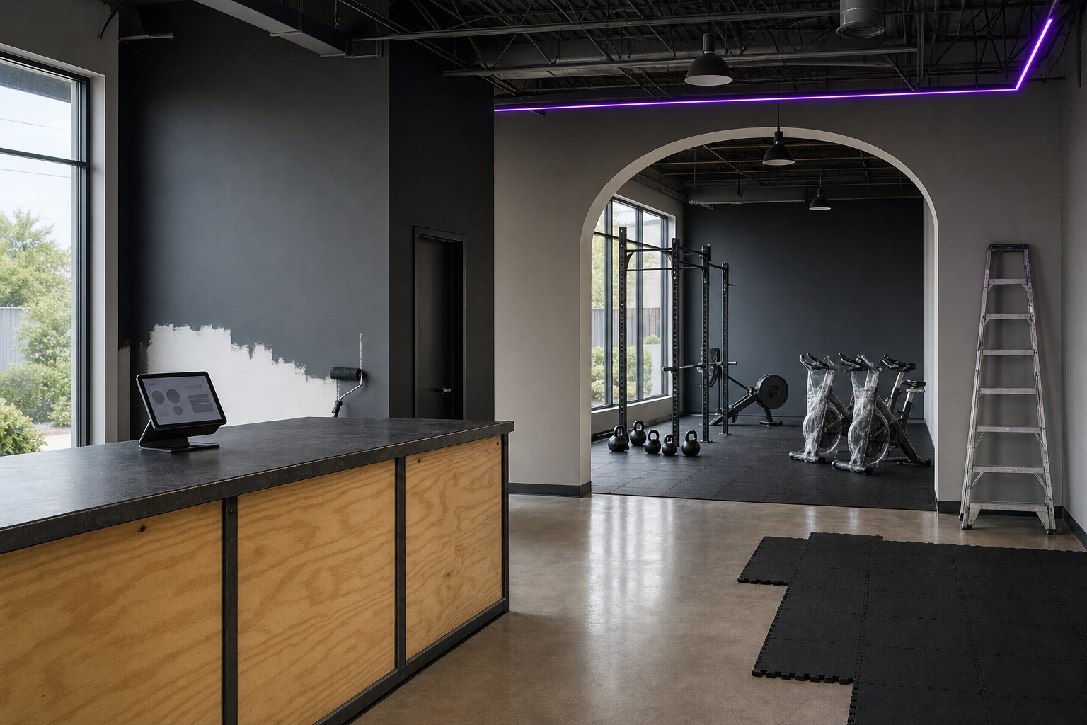 Modern boutique multi-format gym reception with tablet showing a clean dashboard interface, natural overcast light, no humans