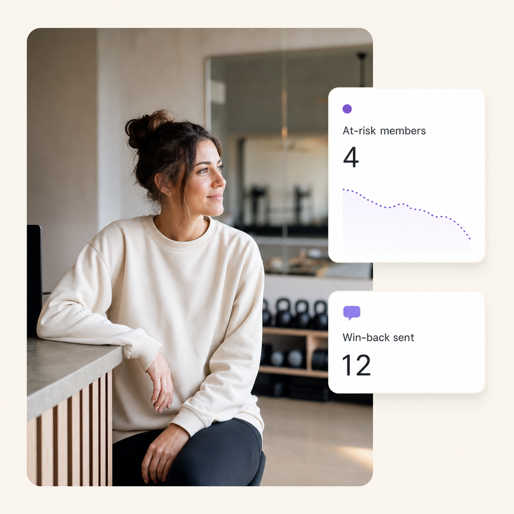 Boutique gym owner with floating UI cards showing at-risk members and win-back SMS counts