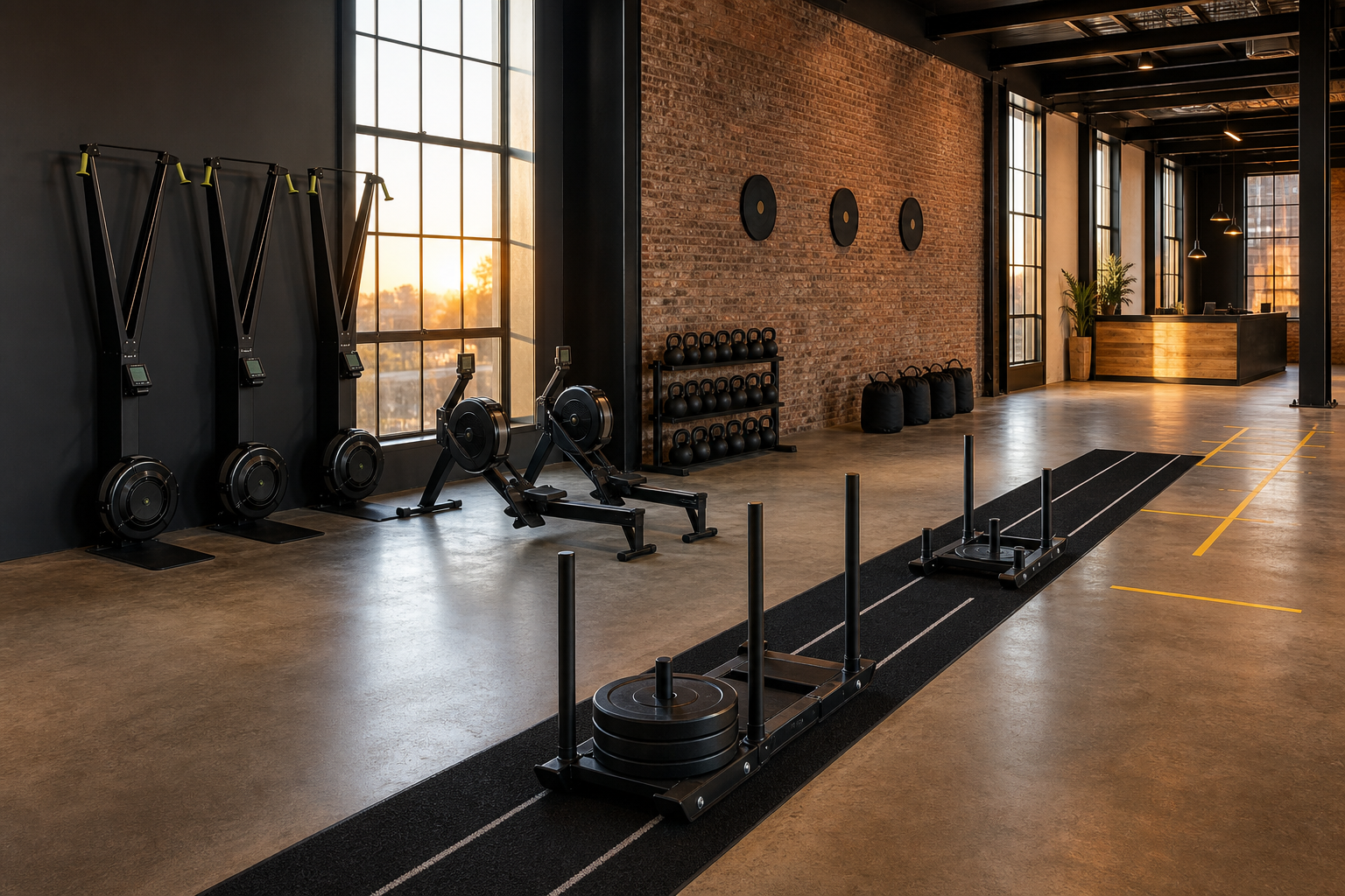 Photorealistic empty HYROX-style training floor with SkiErg, rower, sled lane, kettlebells, sandbags, and wall-ball targets arranged in race-station configuration, branded signage visible on rear wall, morning light through industrial windows, no people present