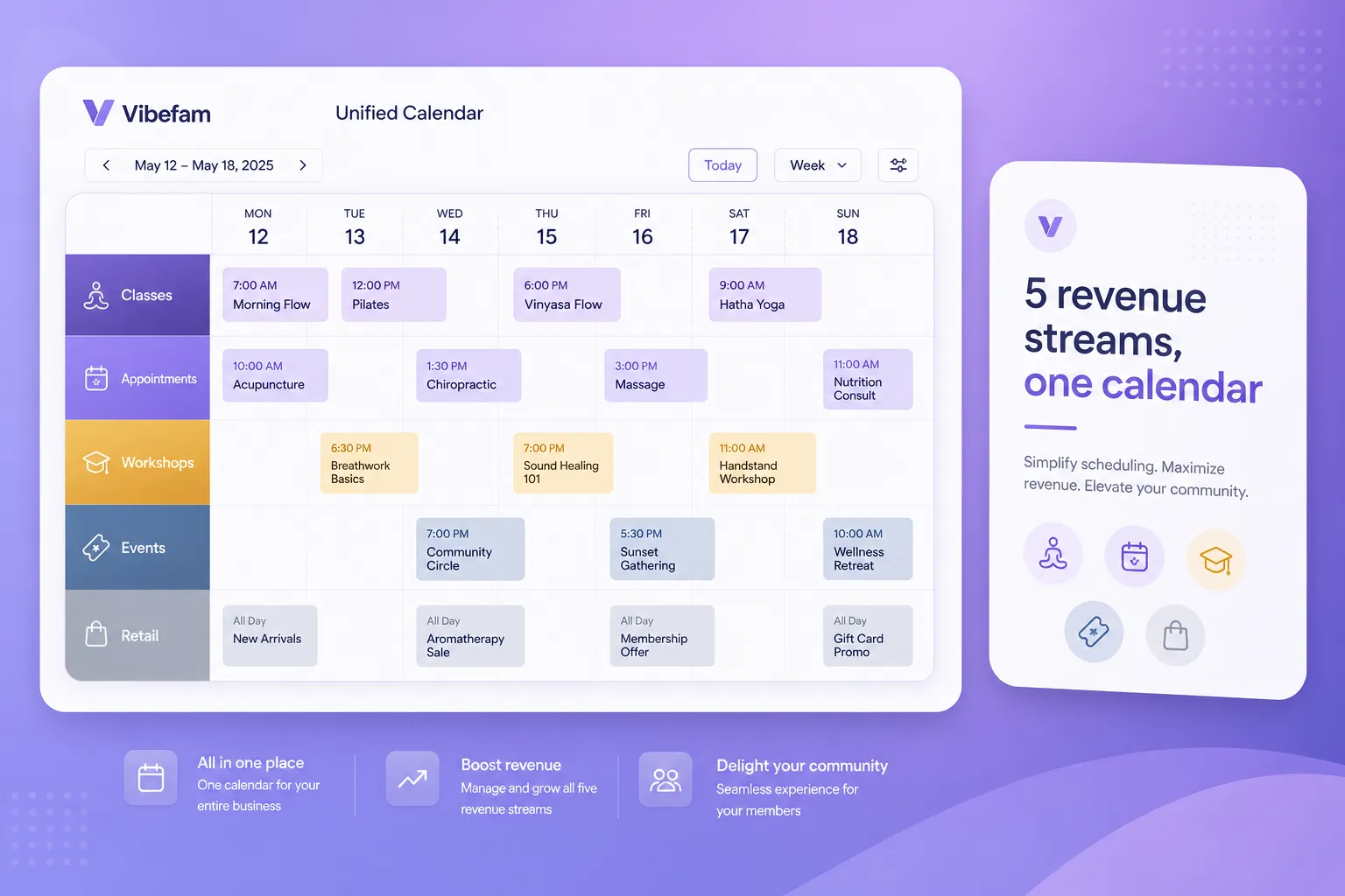 Classes, appointments, events, workshops, retail. One calendar.