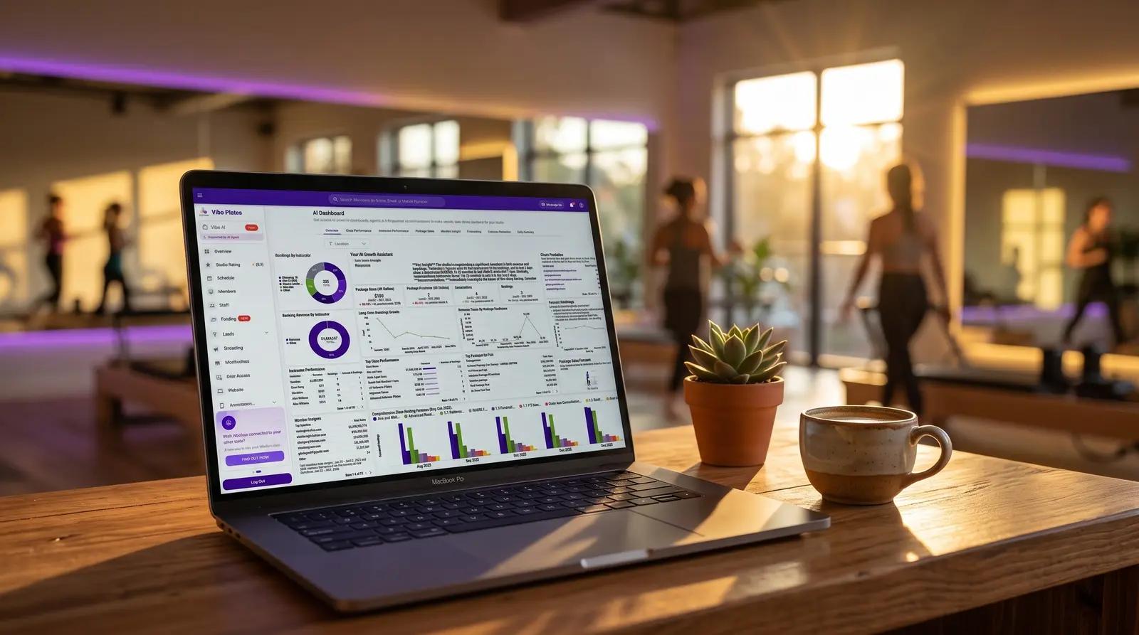 Vibefam AI Business Dashboard showing churn prediction, revenue trends and instructor performance