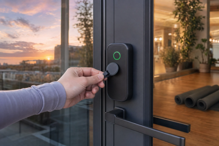 Hand tapping an NFC keyfob on a sleek matte-black smart lock at the front door of a modern boutique fitness studio at sunrise.