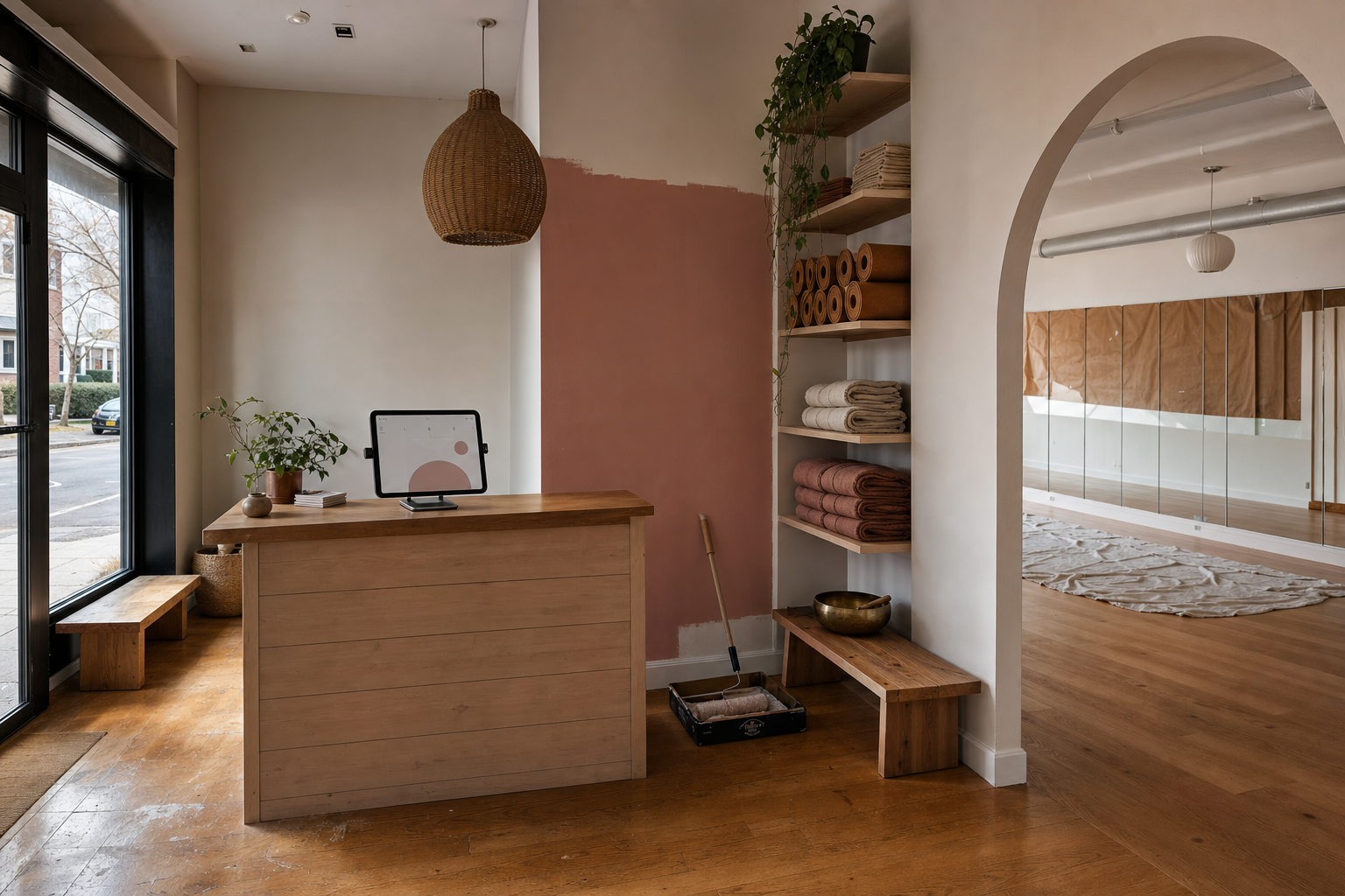 Modern boutique yoga studio reception with tablet showing a clean dashboard interface, natural overcast light, no humans